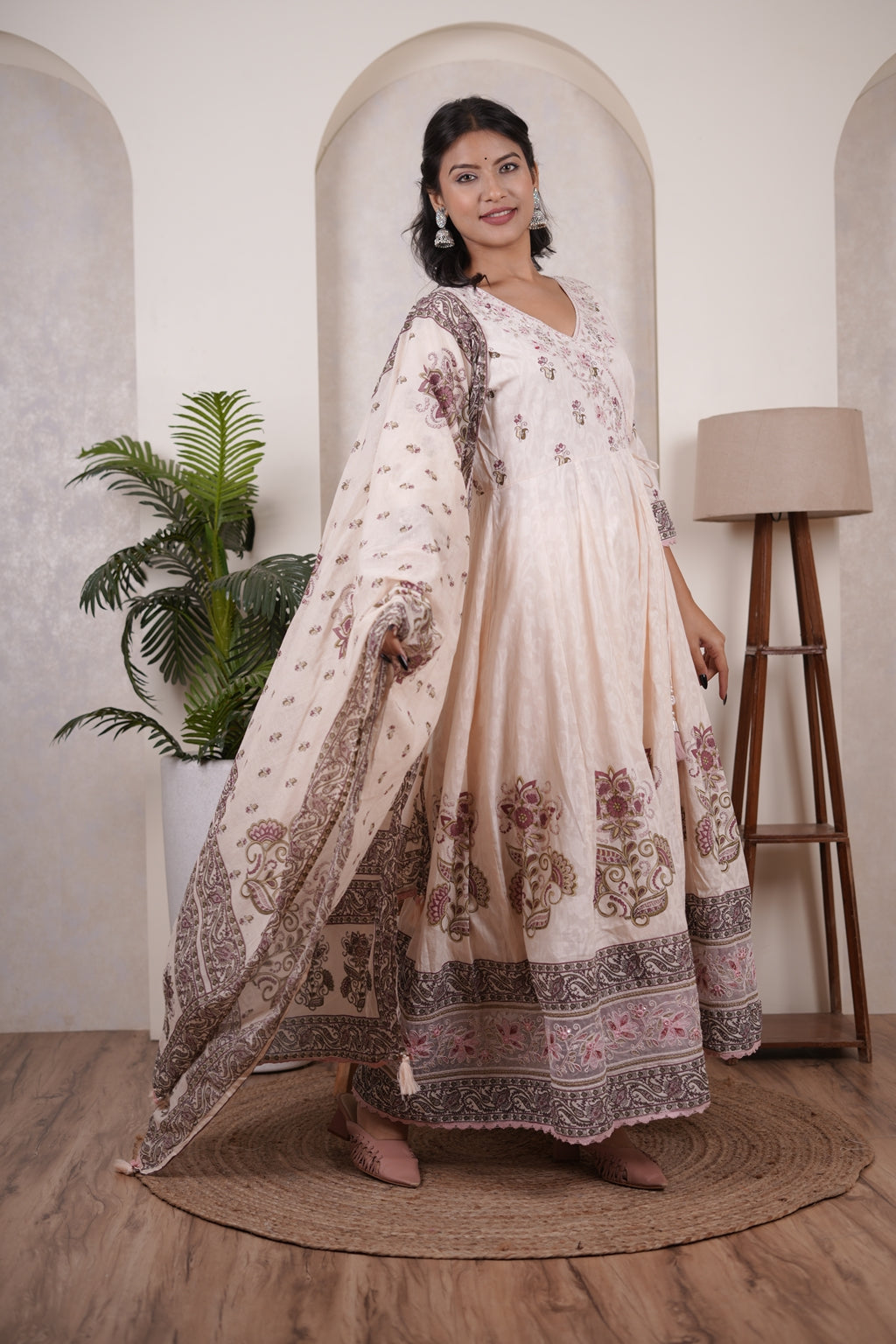 Peach's pink colour anarkali suit with pant and dupatta set