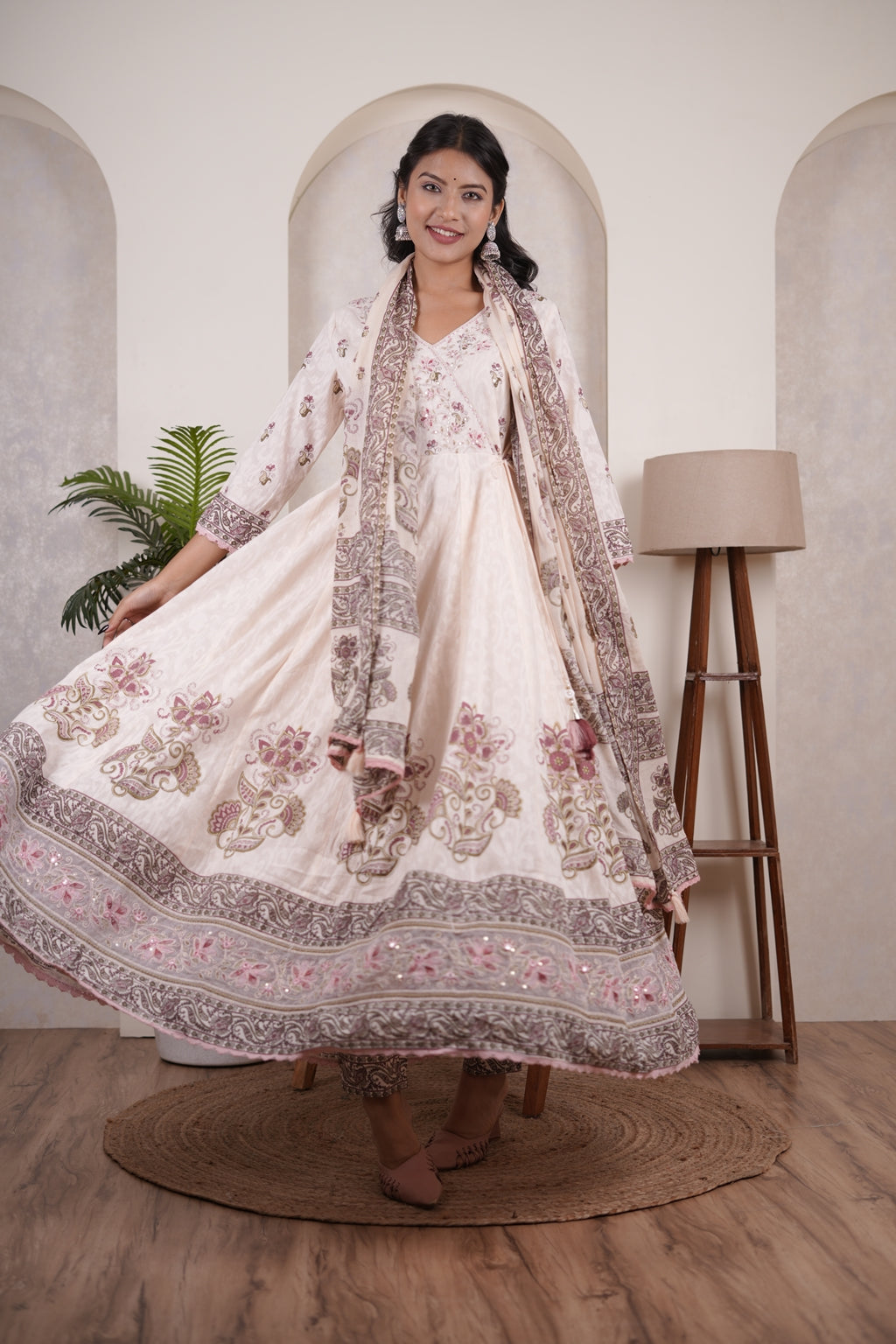 Peach's pink colour anarkali suit with pant and dupatta set