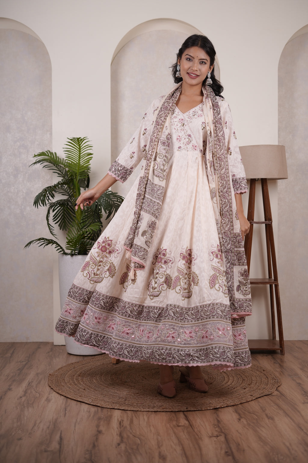 Peach's pink colour anarkali suit with pant and dupatta set