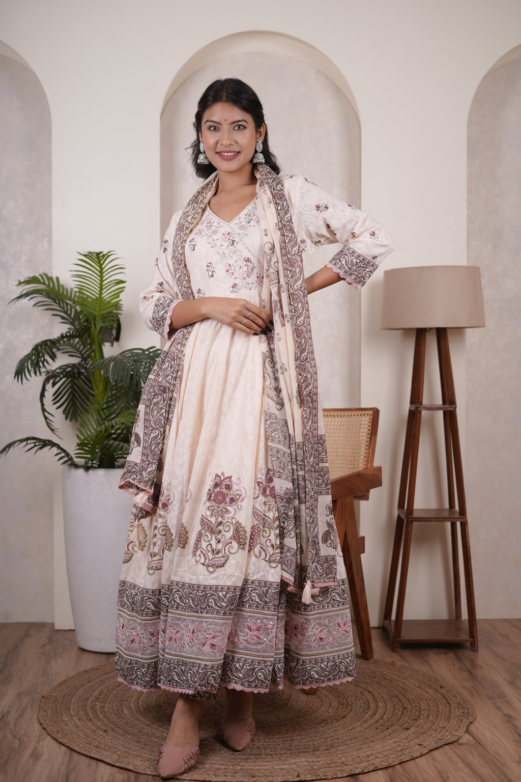 Peach's pink colour anarkali suit with pant and dupatta set