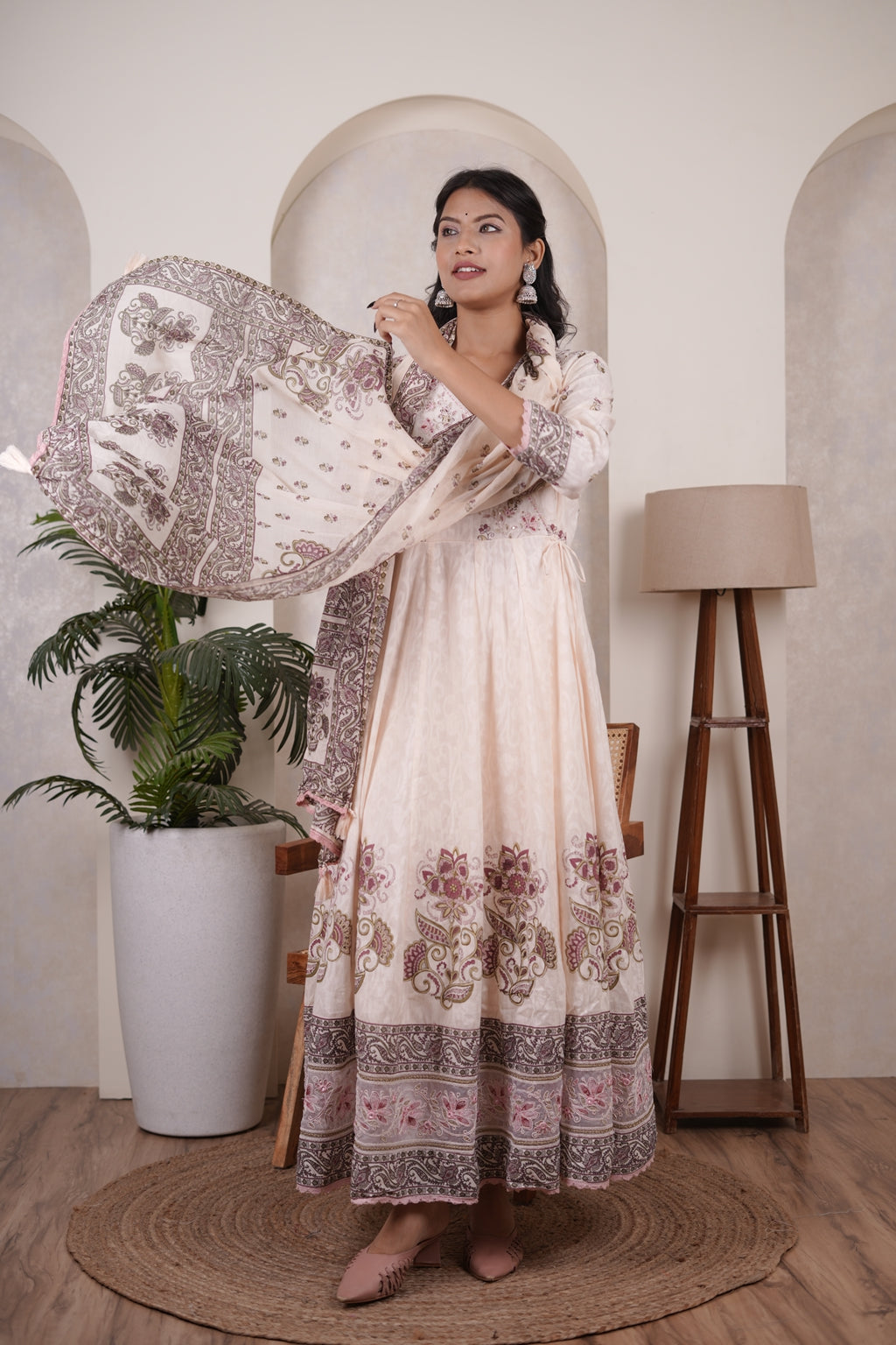 Peach's pink colour anarkali suit with pant and dupatta set