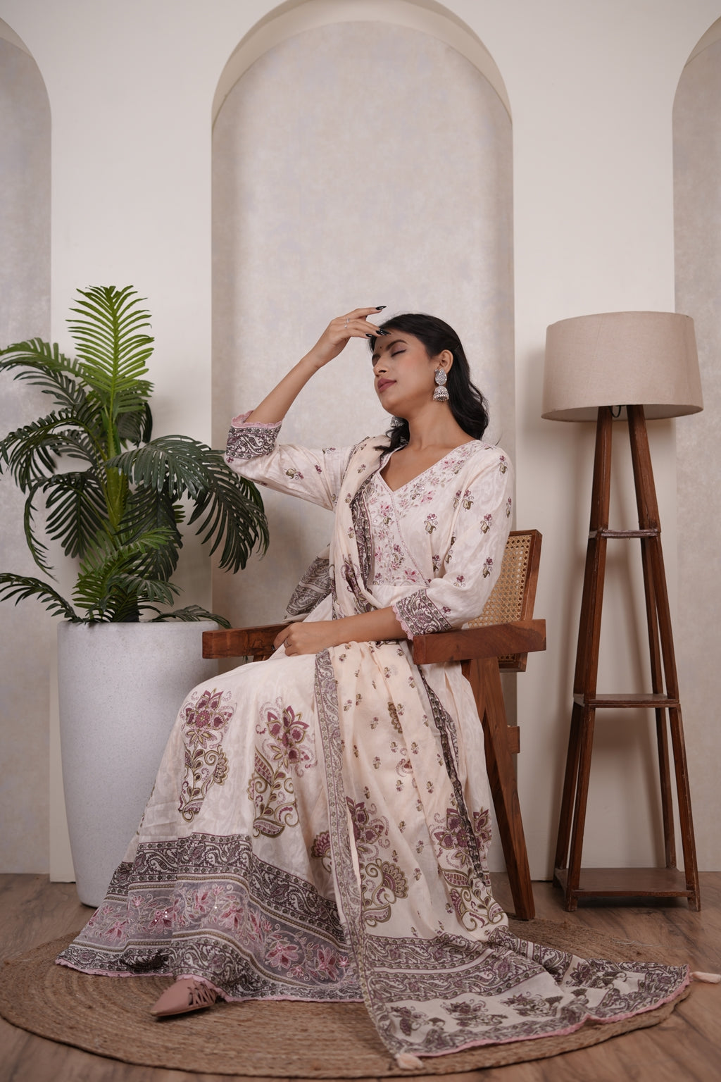 Peach's pink colour anarkali suit with pant and dupatta set