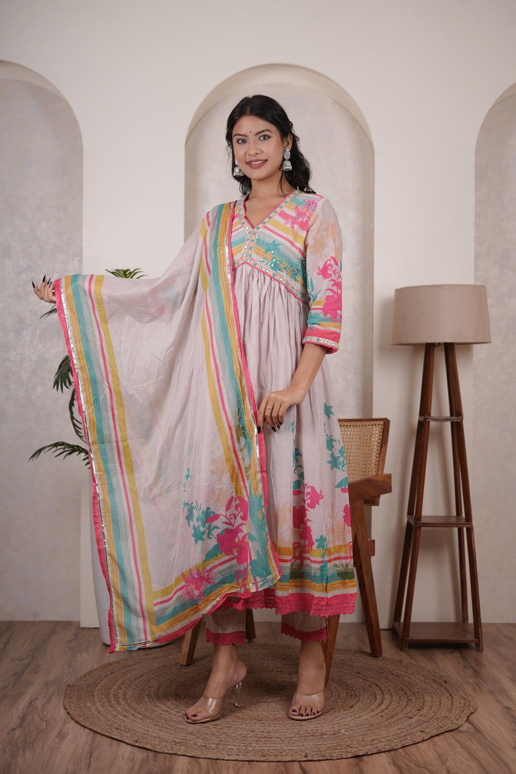 Cream colour anarkali suit with pant and dupatta set