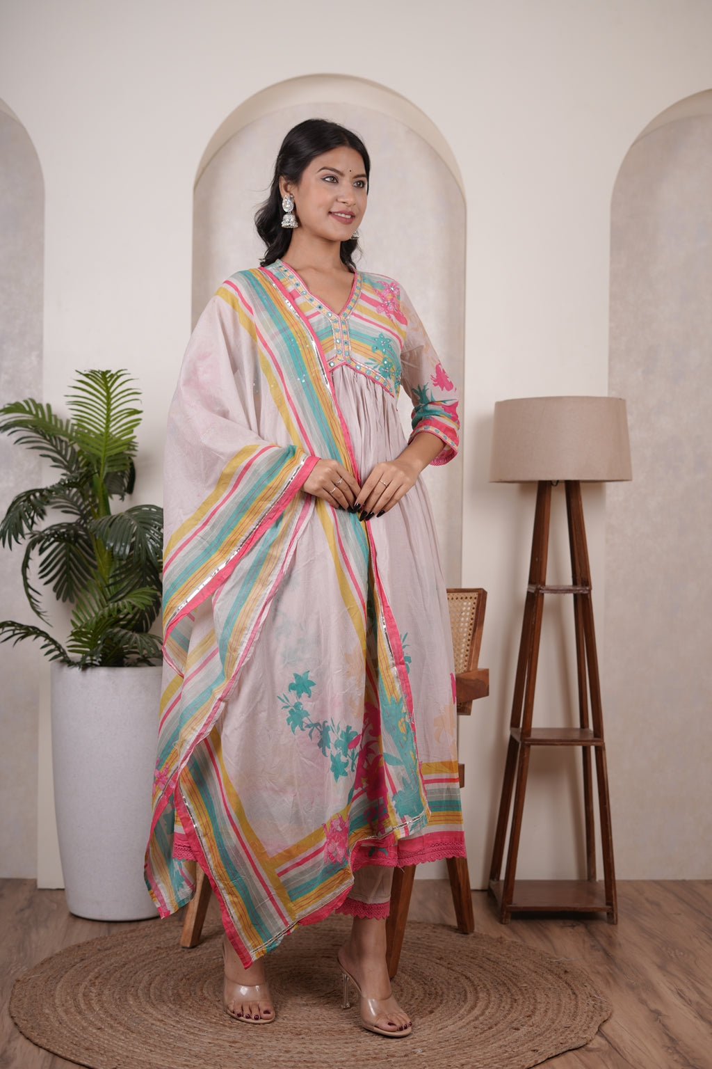 Cream colour anarkali suit with pant and dupatta set