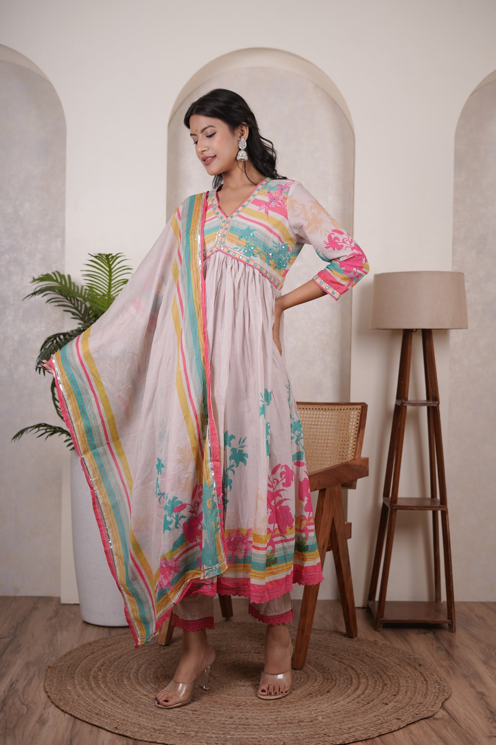 Cream colour anarkali suit with pant and dupatta set