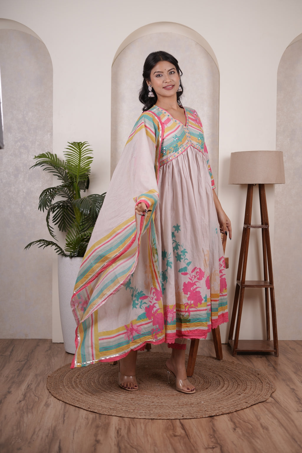 Cream colour anarkali suit with pant and dupatta set