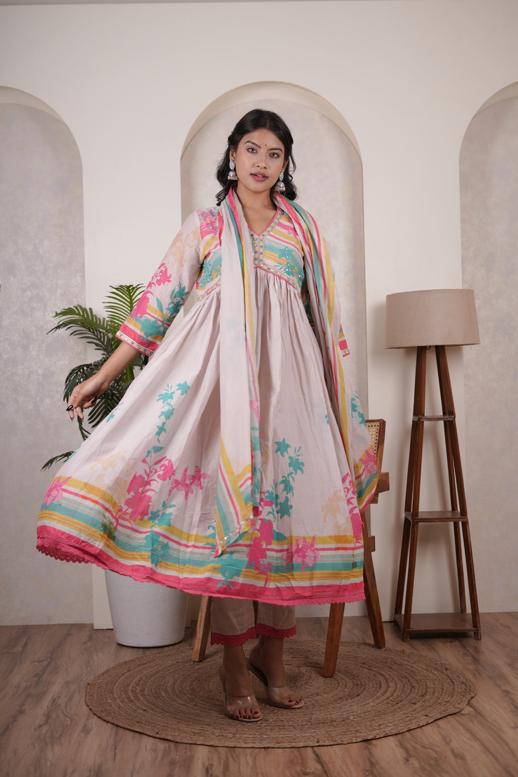 Cream colour anarkali suit with pant and dupatta set