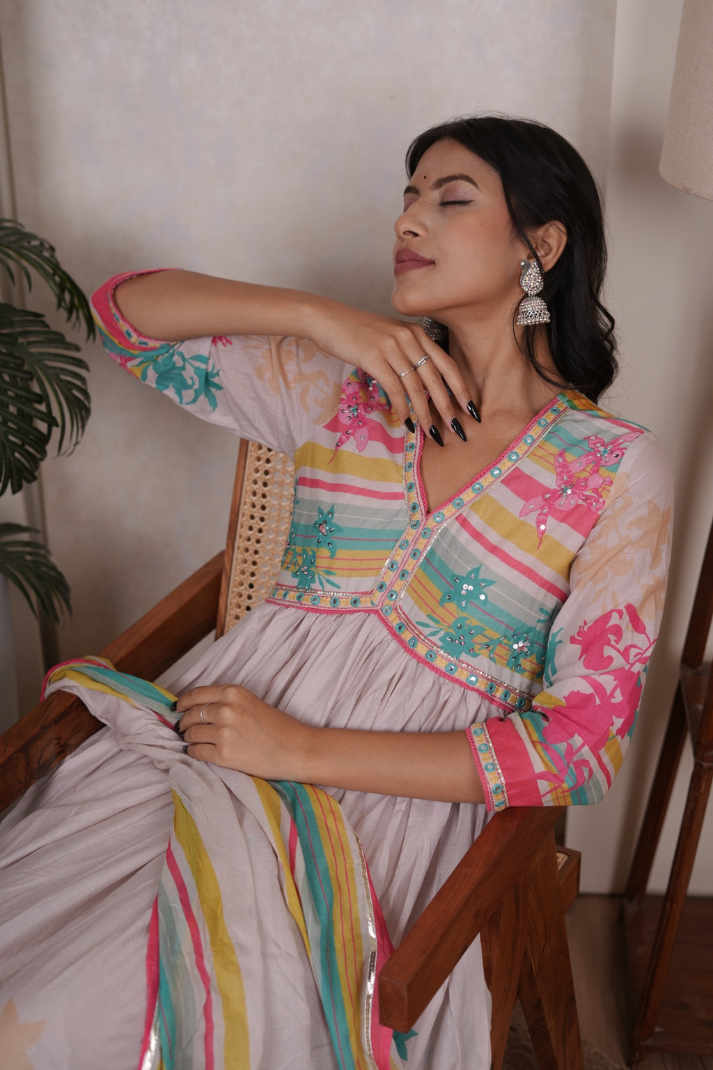 Cream colour anarkali suit with pant and dupatta set