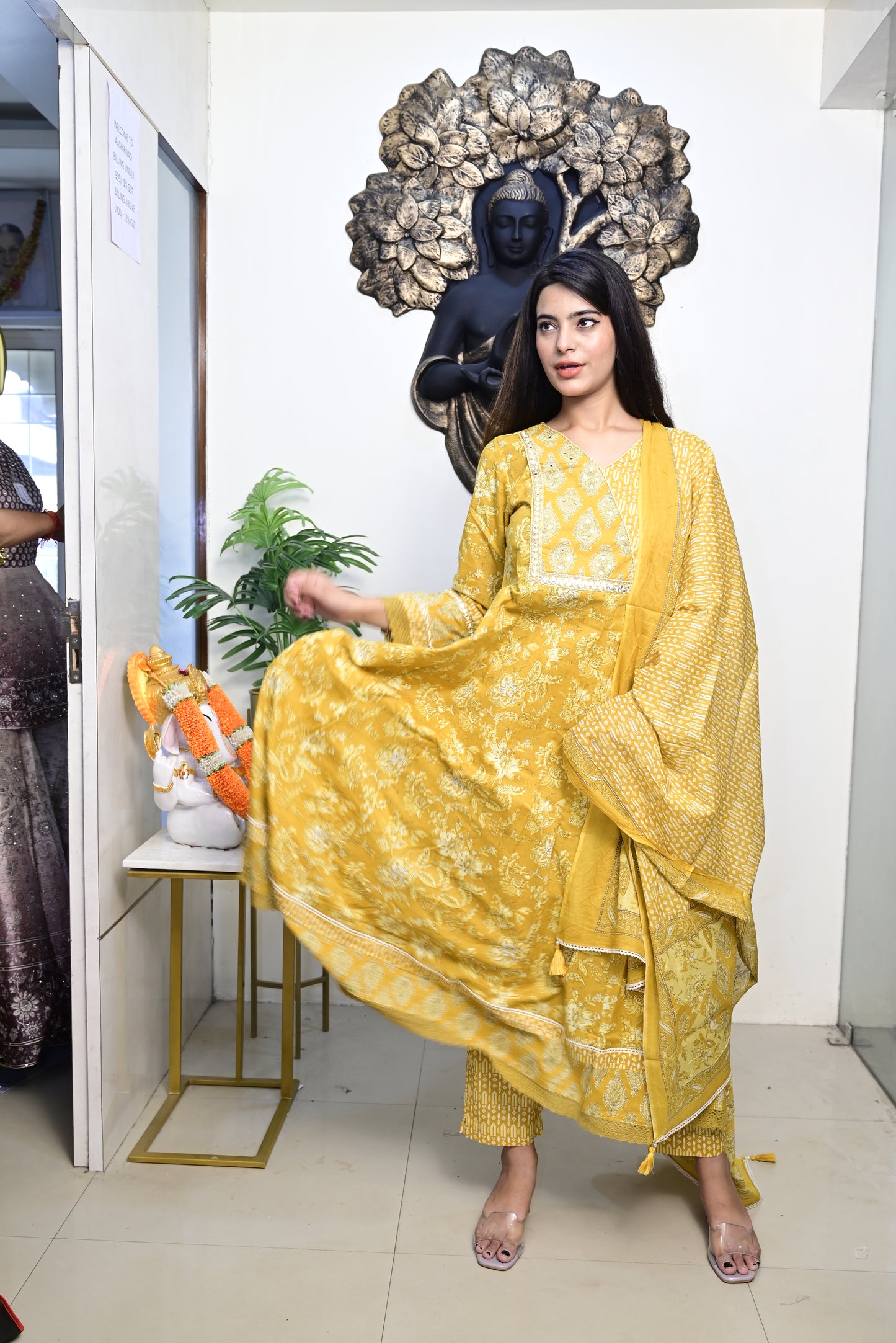 Yellow Anarkali Frock With Cotton Pent & Dupatta Set