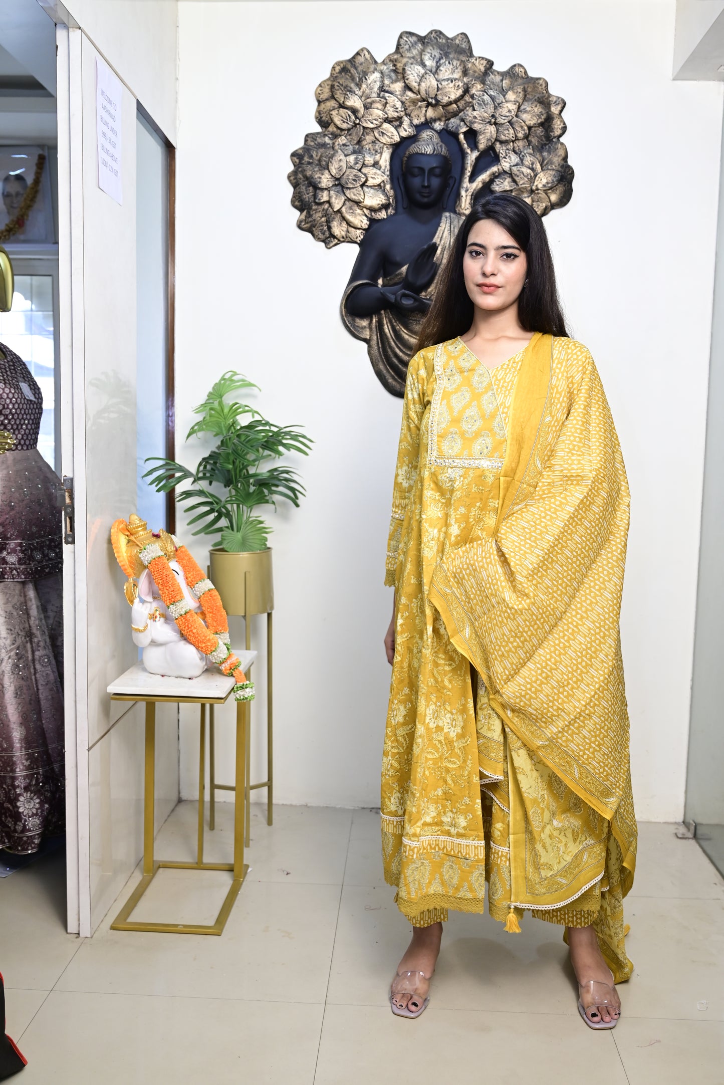 Yellow Anarkali Frock With Cotton Pent & Dupatta Set