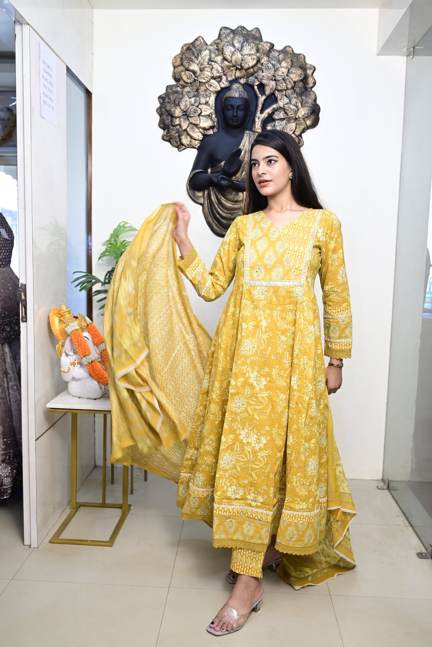 Yellow Anarkali Frock With Cotton Pent & Dupatta Set