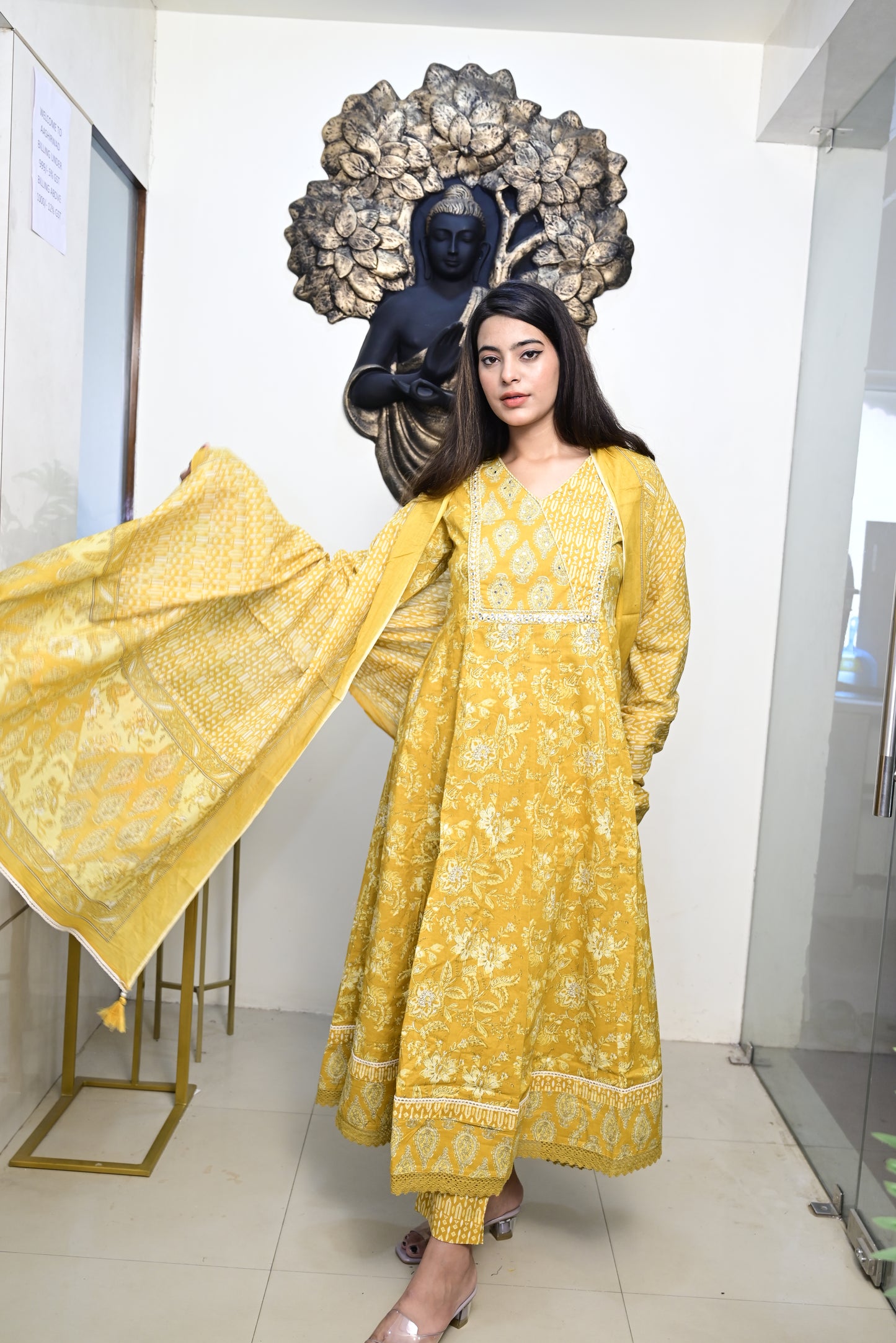 Yellow Anarkali Frock With Cotton Pent & Dupatta Set