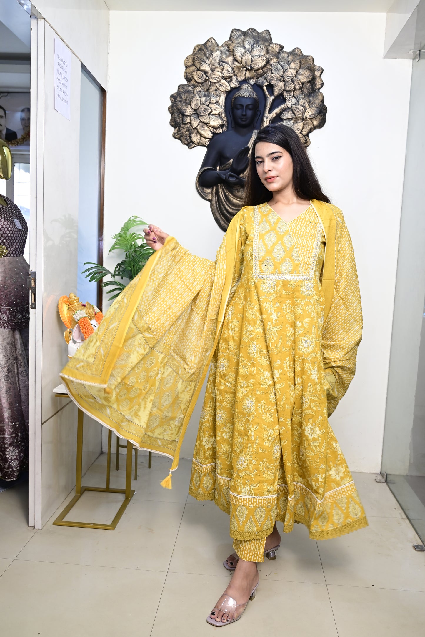 Yellow Anarkali Frock With Cotton Pent & Dupatta Set