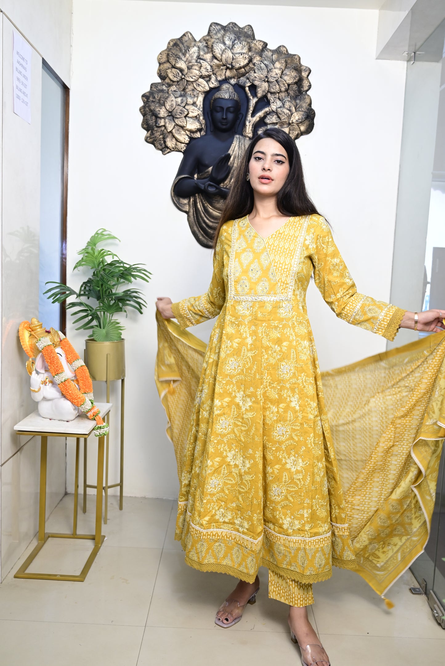 Yellow Anarkali Frock With Cotton Pent & Dupatta Set