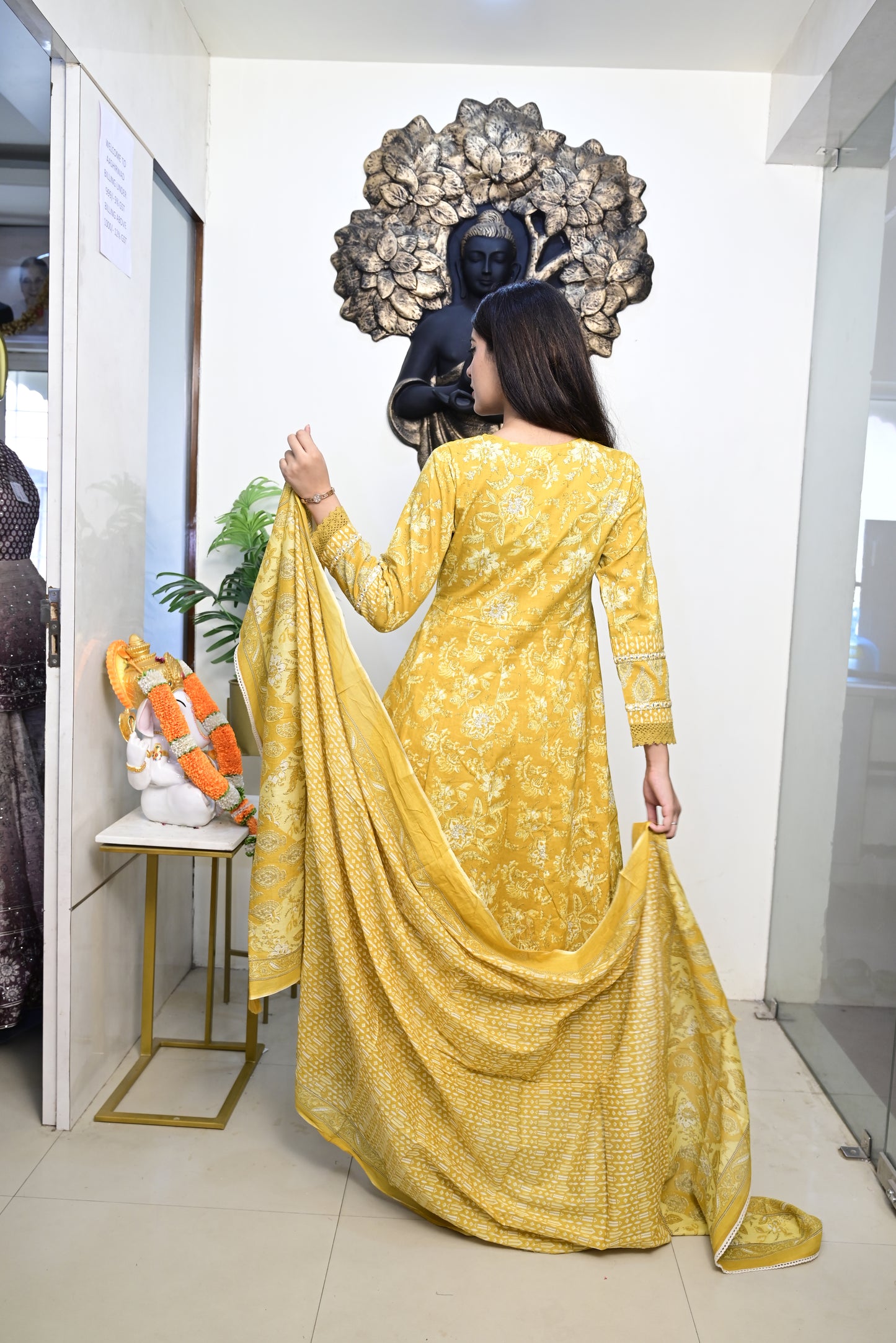 Yellow Anarkali Frock With Cotton Pent & Dupatta Set