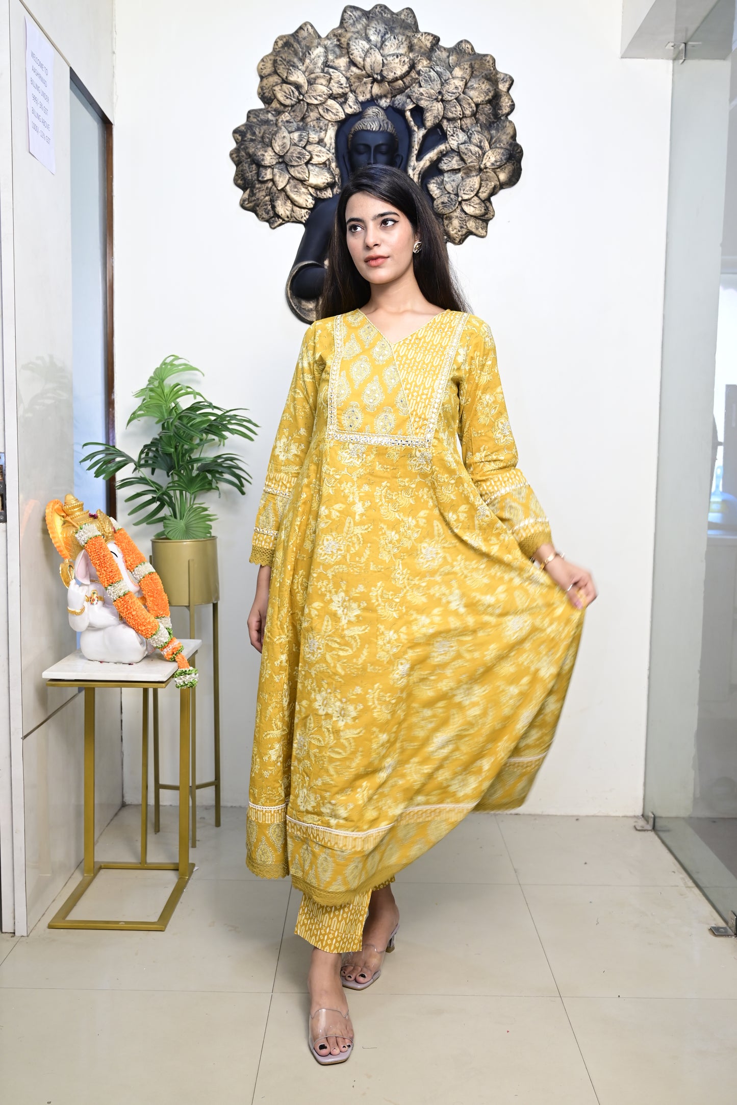 Yellow Anarkali Frock With Cotton Pent & Dupatta Set