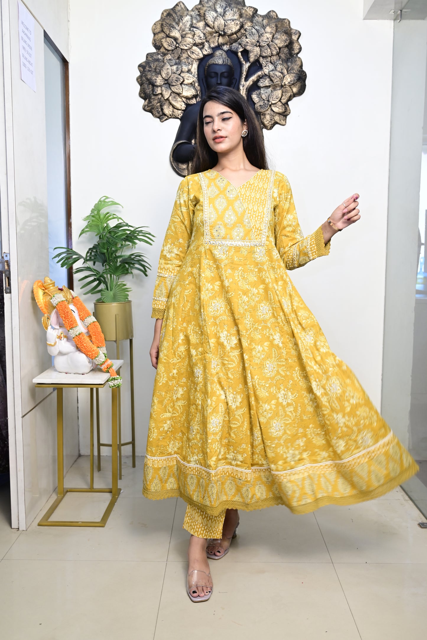 Yellow Anarkali Frock With Cotton Pent & Dupatta Set