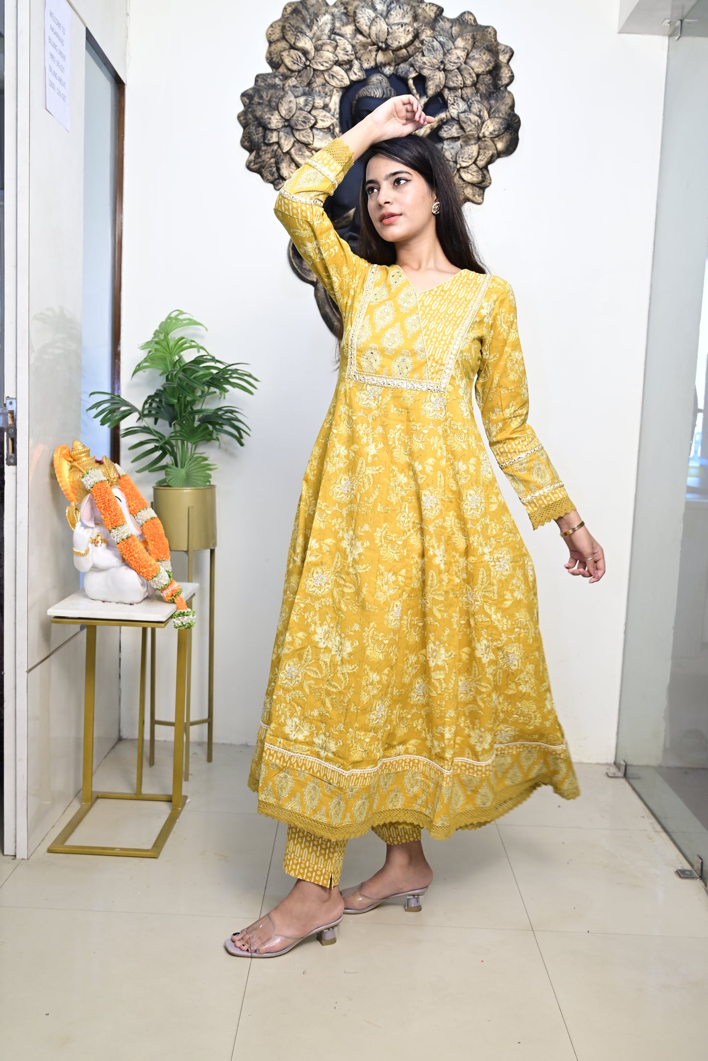 Yellow Anarkali Frock With Cotton Pent & Dupatta Set