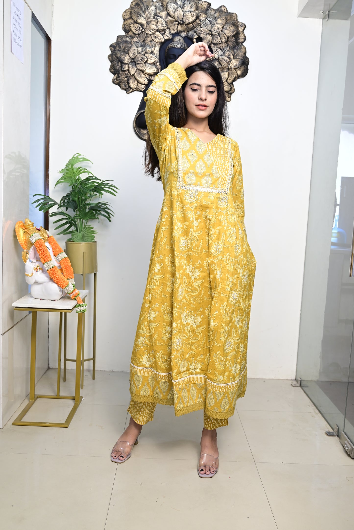 Yellow Anarkali Frock With Cotton Pent & Dupatta Set