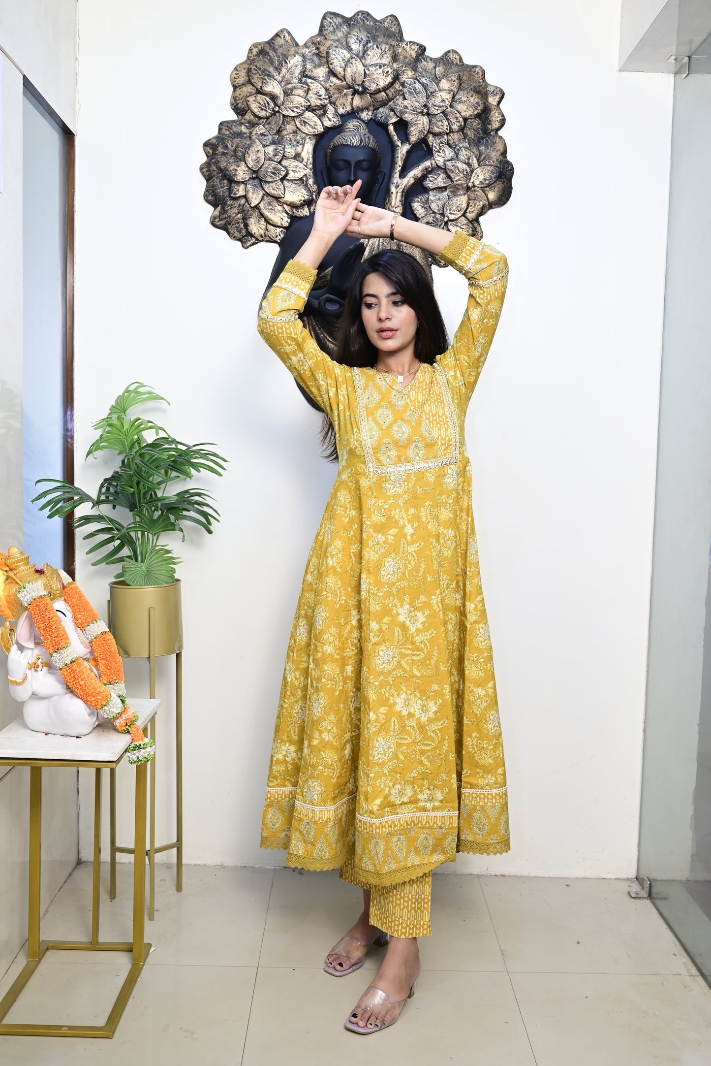 Yellow Anarkali Frock With Cotton Pent & Dupatta Set