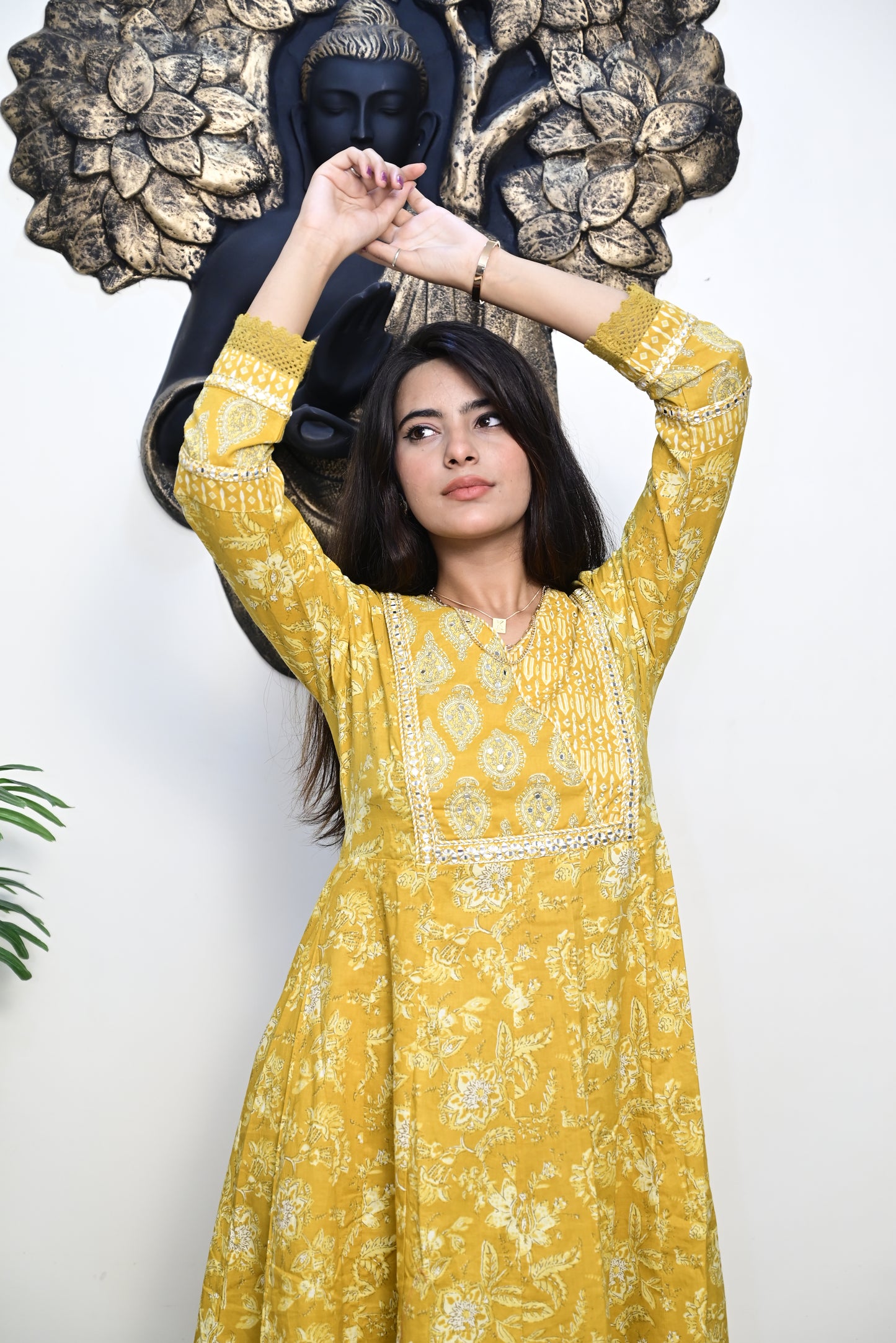 Yellow Anarkali Frock With Cotton Pent & Dupatta Set