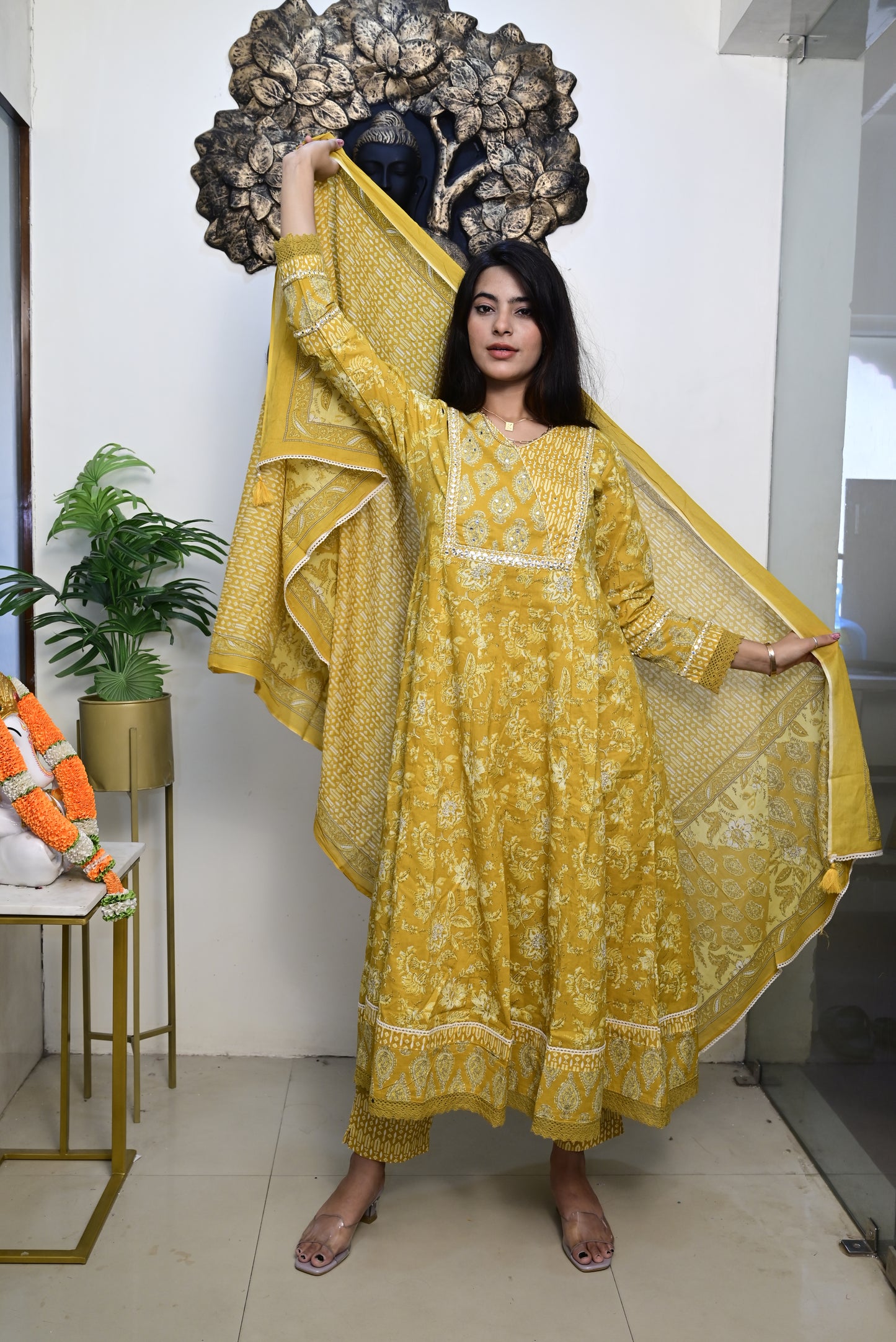 Yellow Anarkali Frock With Cotton Pent & Dupatta Set