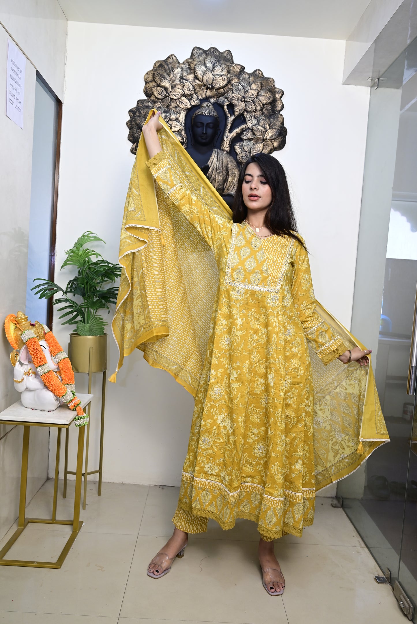 Yellow Anarkali Frock With Cotton Pent & Dupatta Set