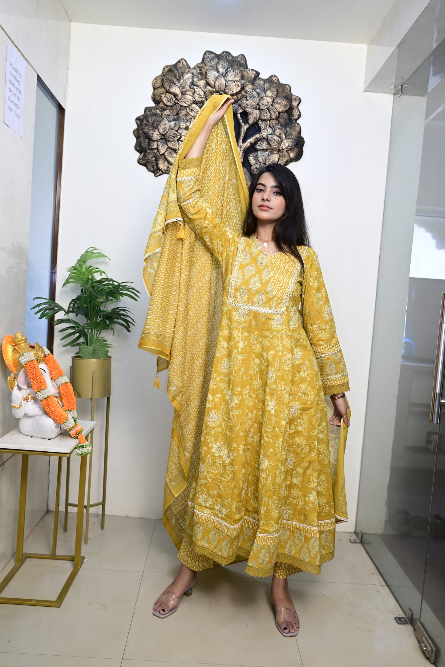 Yellow Anarkali Frock With Cotton Pent & Dupatta Set
