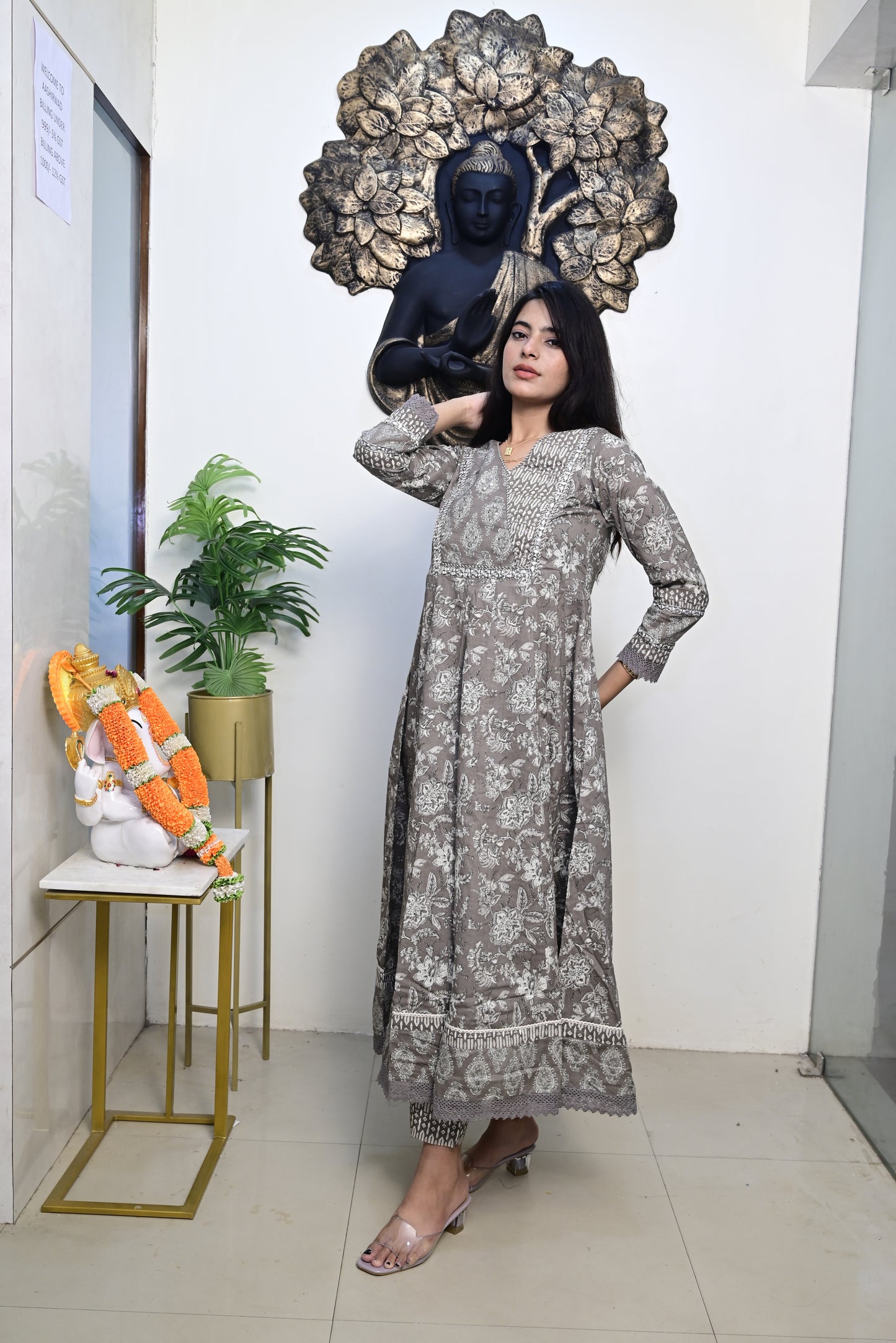 Grey Anarkali Frock With Cotton Pent & Dupatta Set