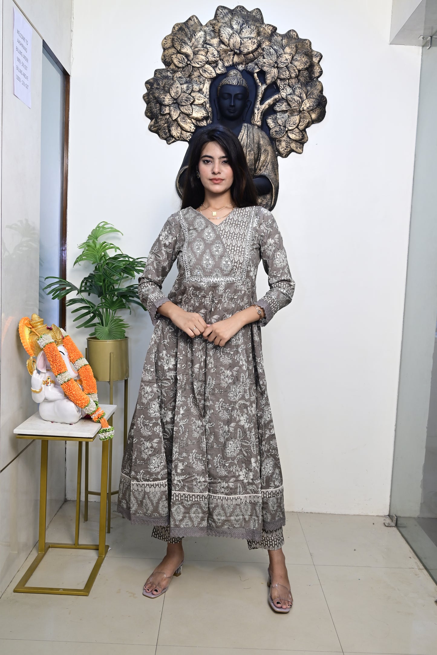 Grey Anarkali Frock With Cotton Pent & Dupatta Set