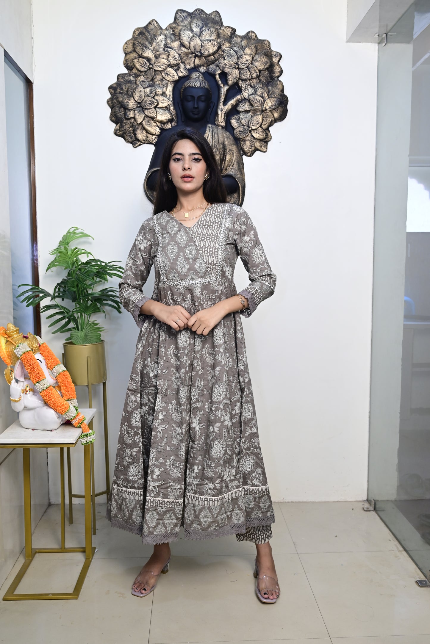 Grey Anarkali Frock With Cotton Pent & Dupatta Set