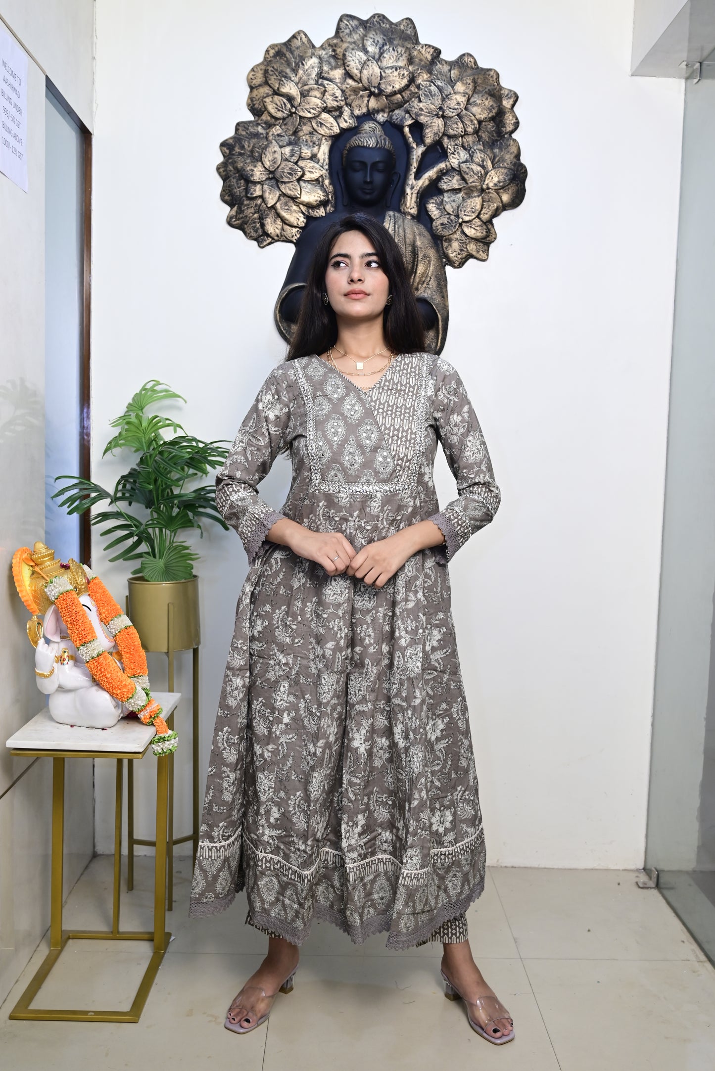 Grey Anarkali Frock With Cotton Pent & Dupatta Set
