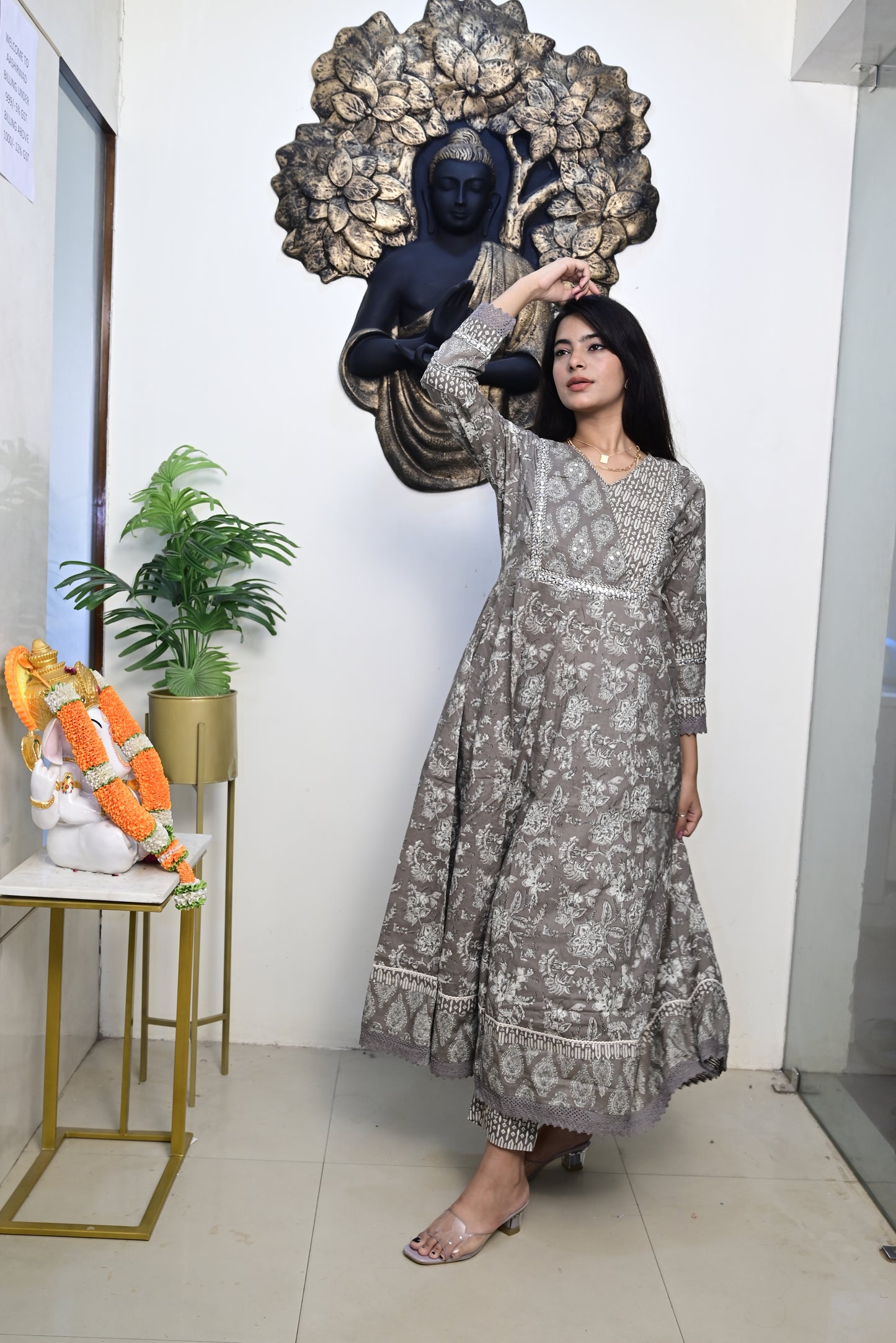 Grey Anarkali Frock With Cotton Pent & Dupatta Set