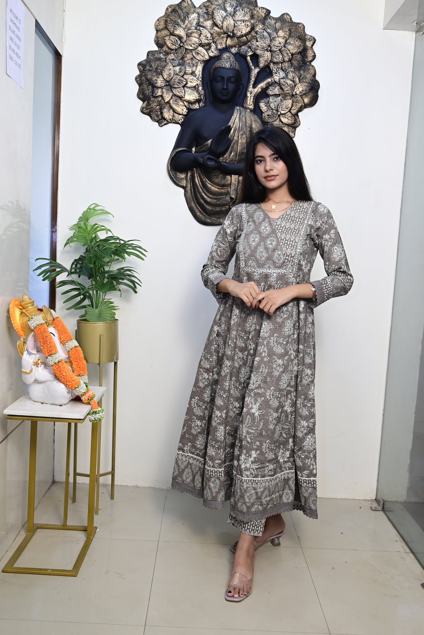 Grey Anarkali Frock With Cotton Pent & Dupatta Set
