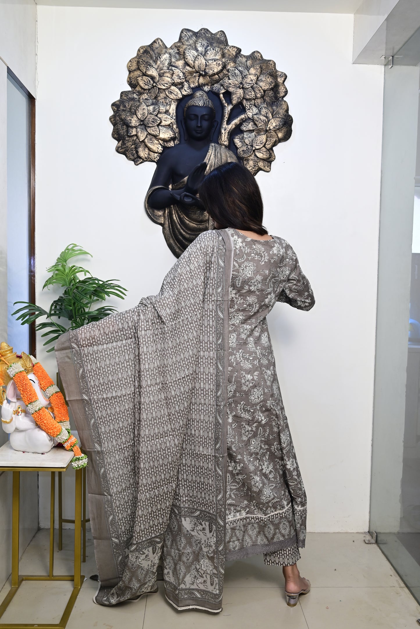 Grey Anarkali Frock With Cotton Pent & Dupatta Set