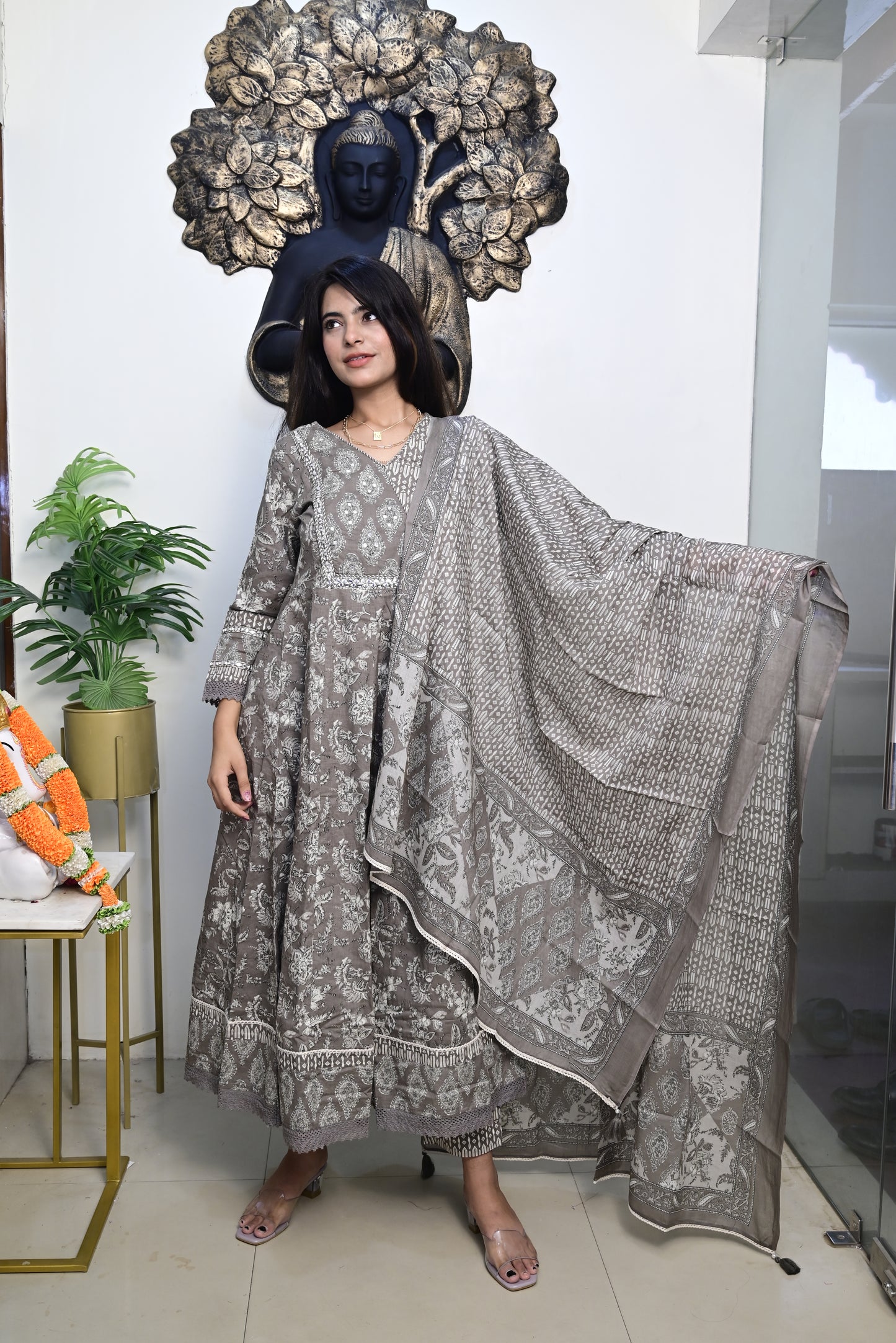 Grey Anarkali Frock With Cotton Pent & Dupatta Set