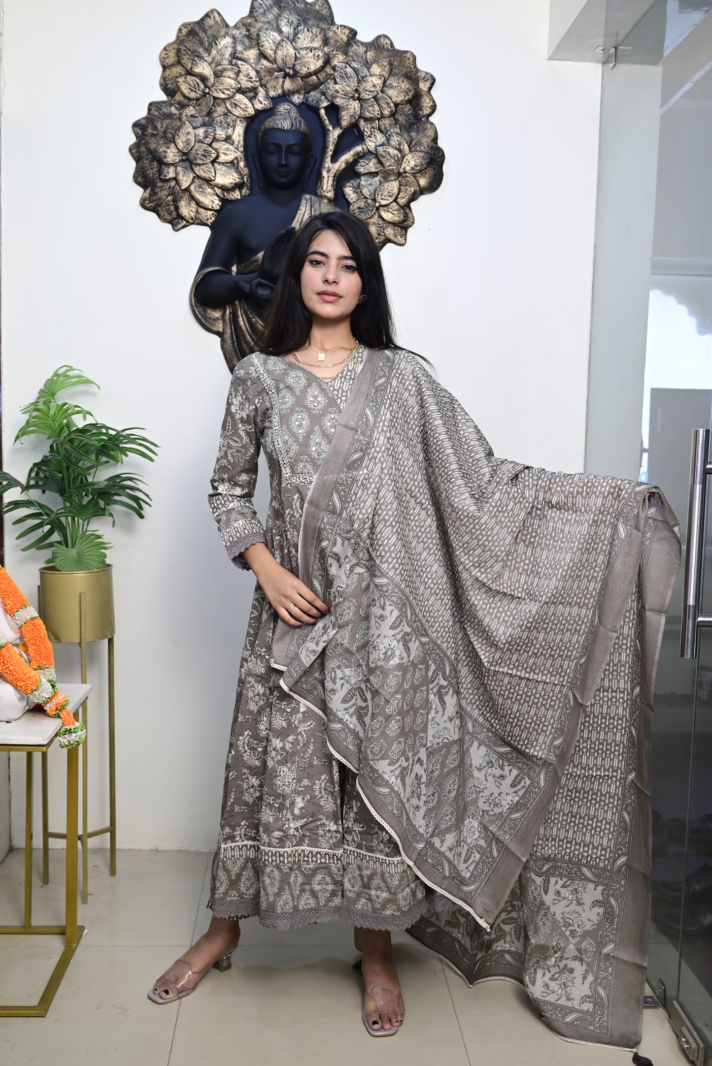 Grey Anarkali Frock With Cotton Pent & Dupatta Set