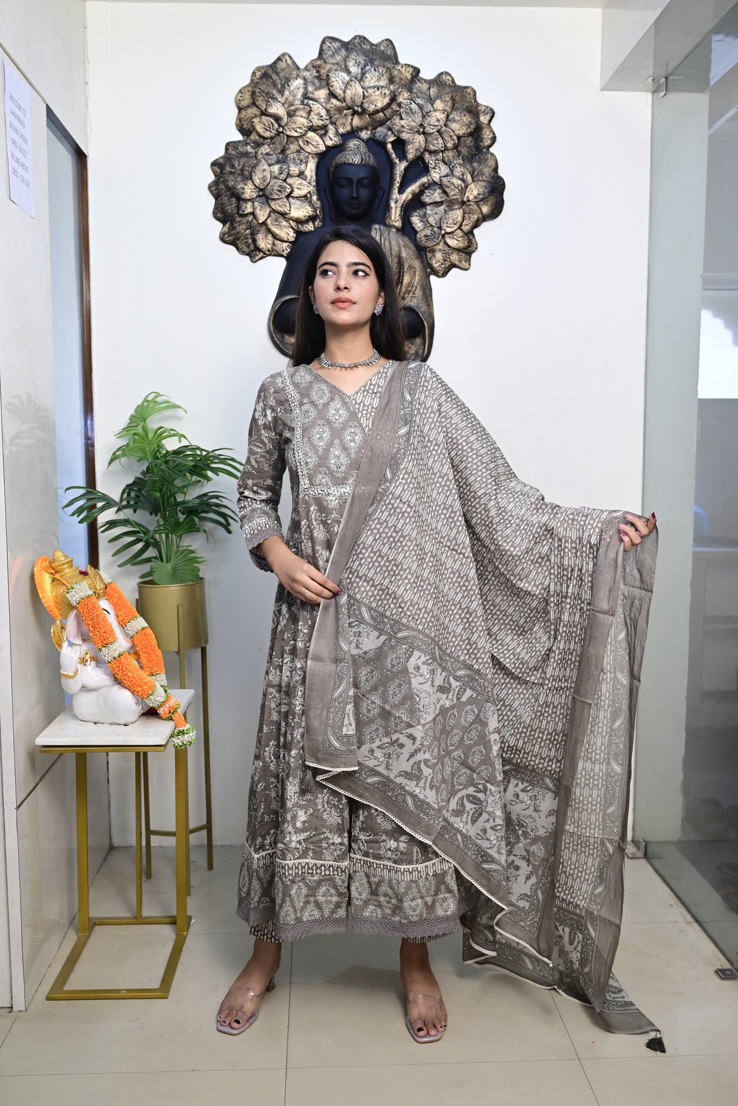 Grey Anarkali Frock With Cotton Pent & Dupatta Set