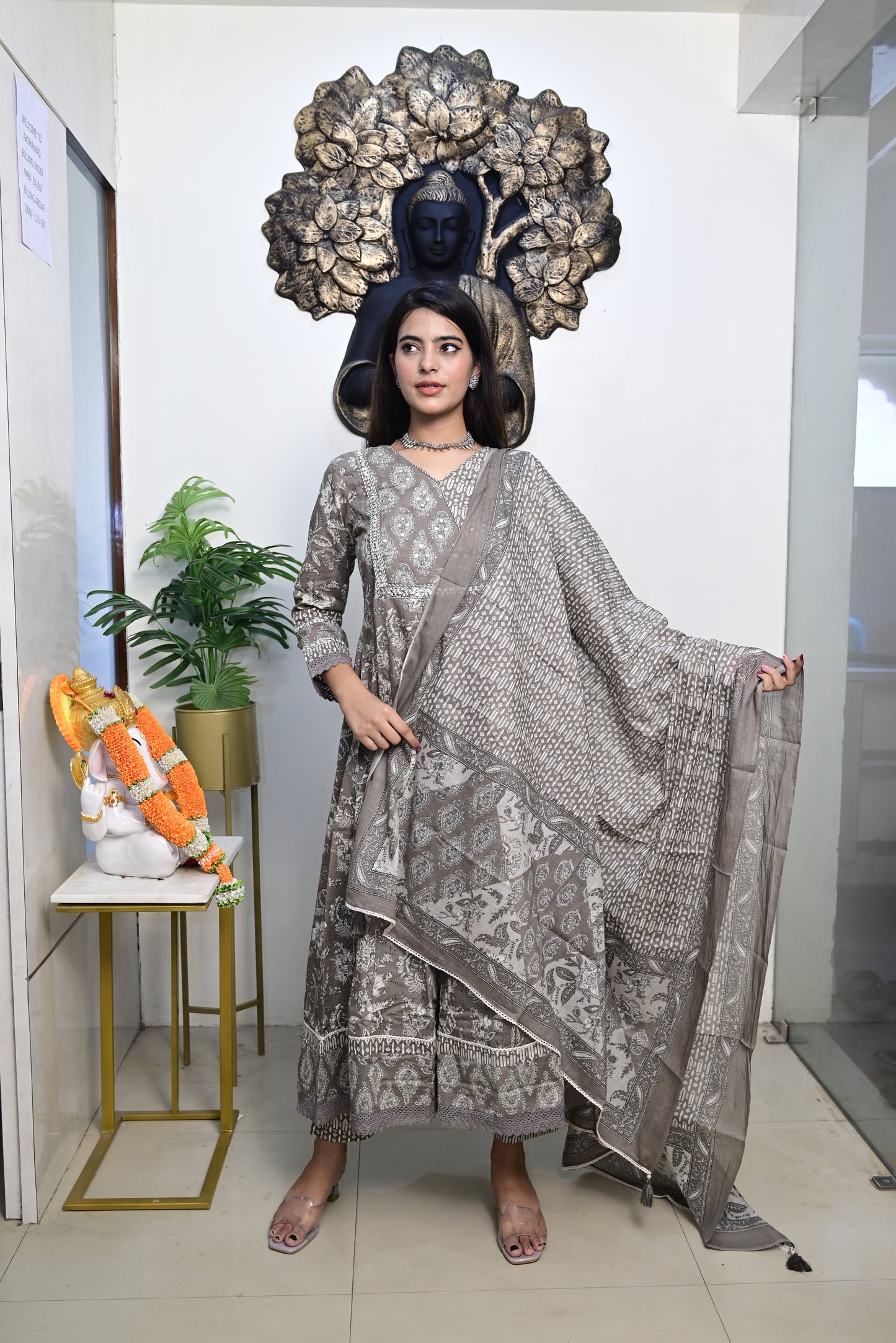Grey Anarkali Frock With Cotton Pent & Dupatta Set