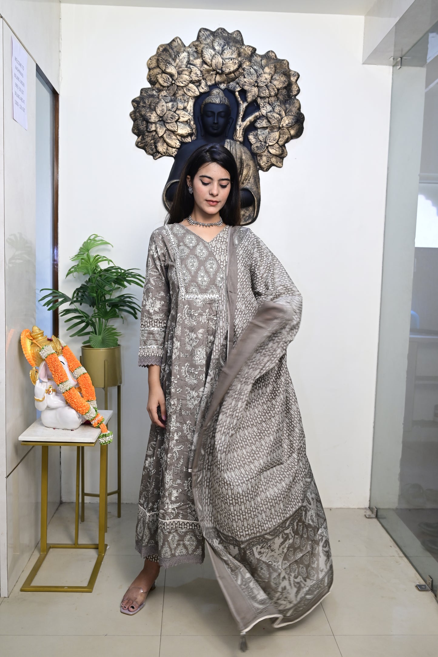 Grey Anarkali Frock With Cotton Pent & Dupatta Set