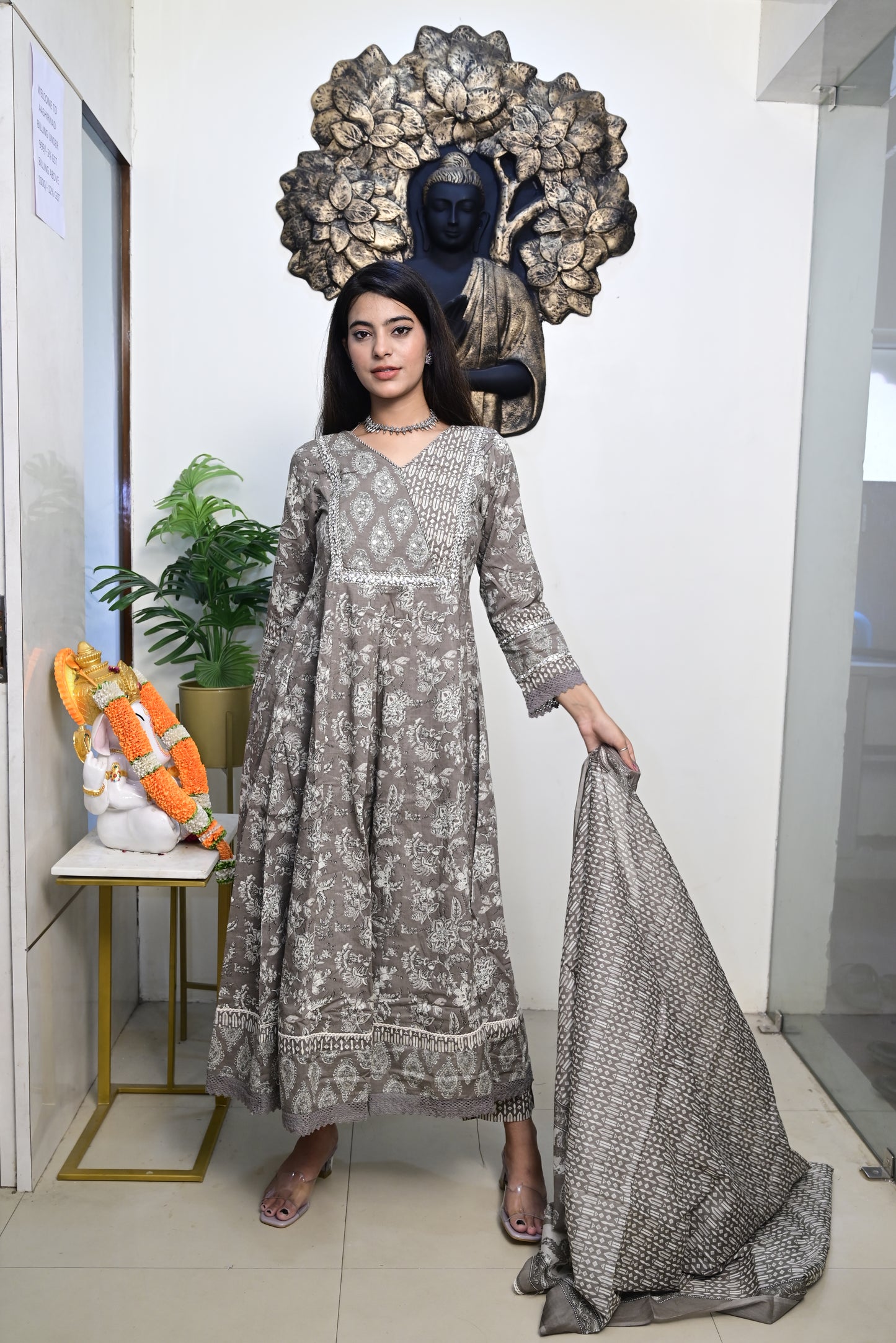 Grey Anarkali Frock With Cotton Pent & Dupatta Set
