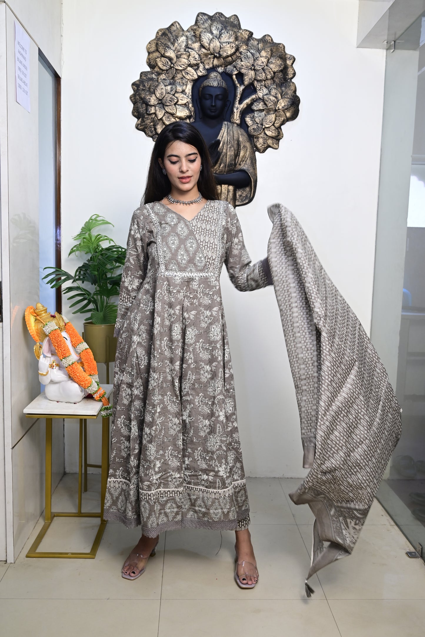 Grey Anarkali Frock With Cotton Pent & Dupatta Set