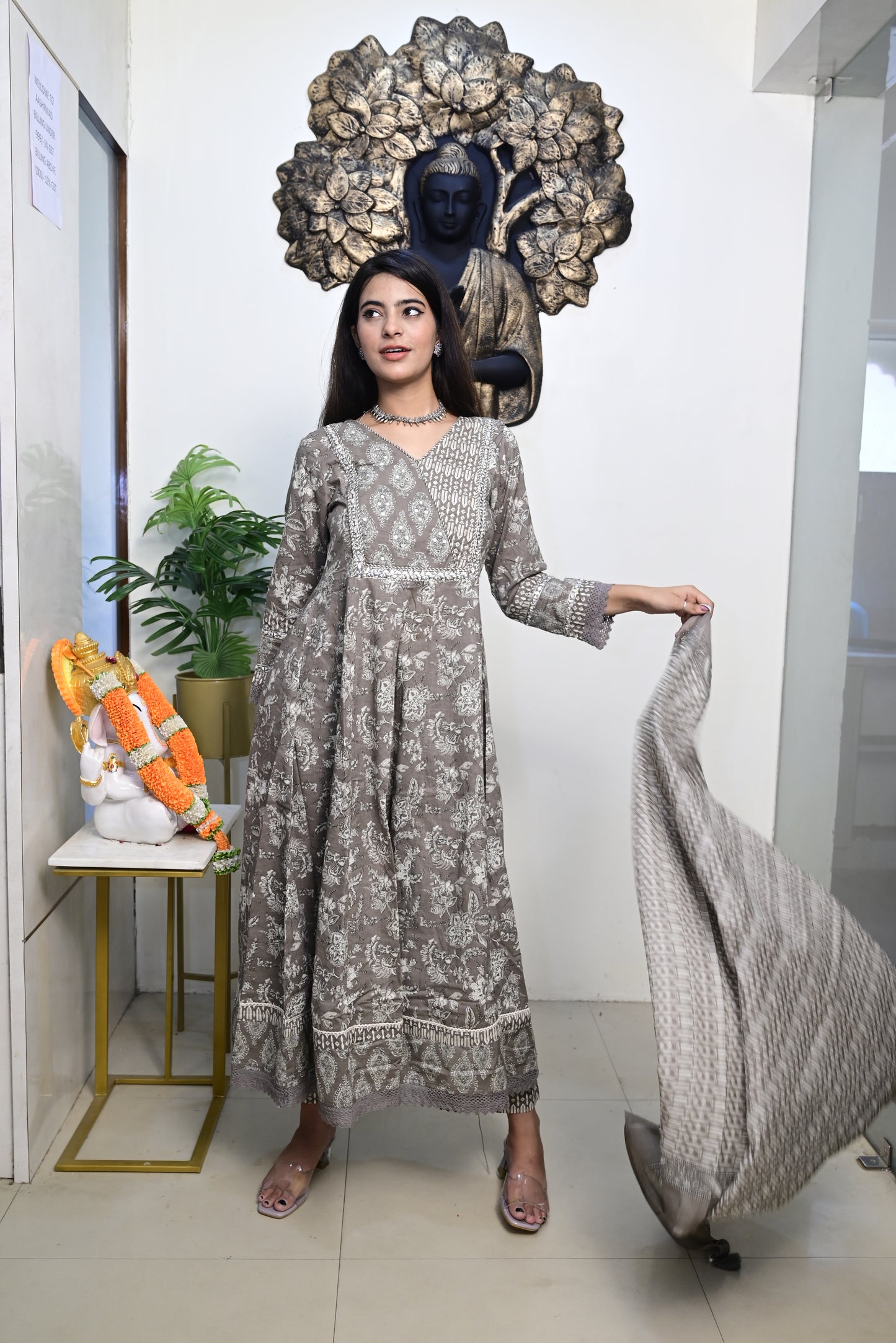 Grey Anarkali Frock With Cotton Pent & Dupatta Set