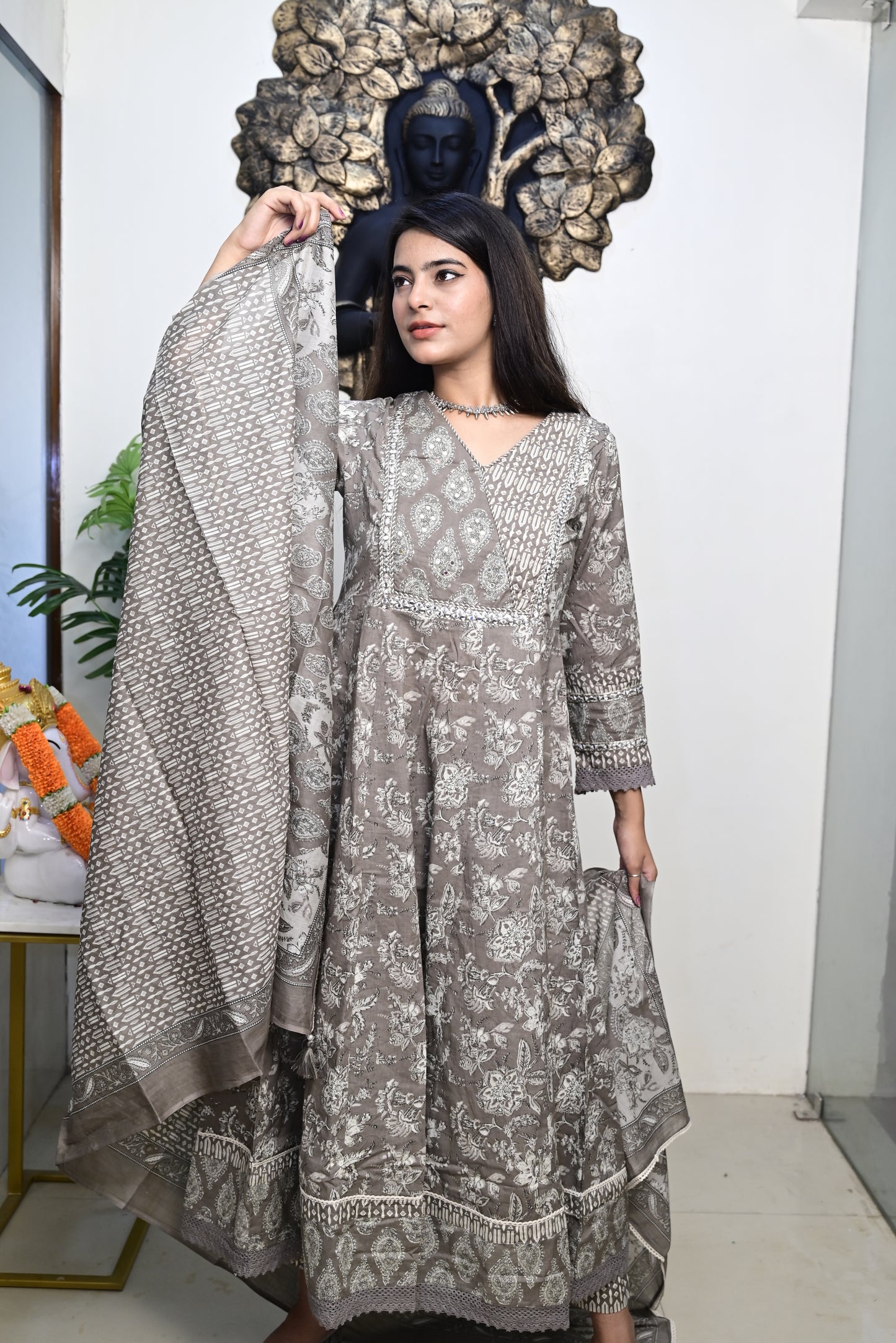 Grey Anarkali Frock With Cotton Pent & Dupatta Set