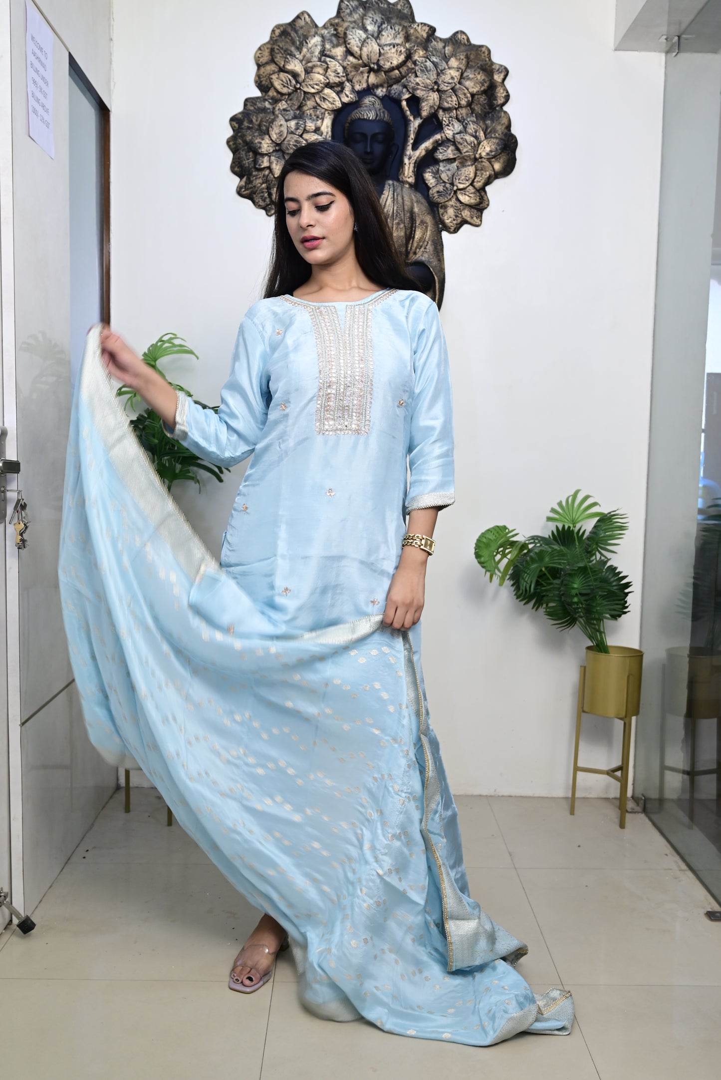 sky blue kurti pant dupatta set