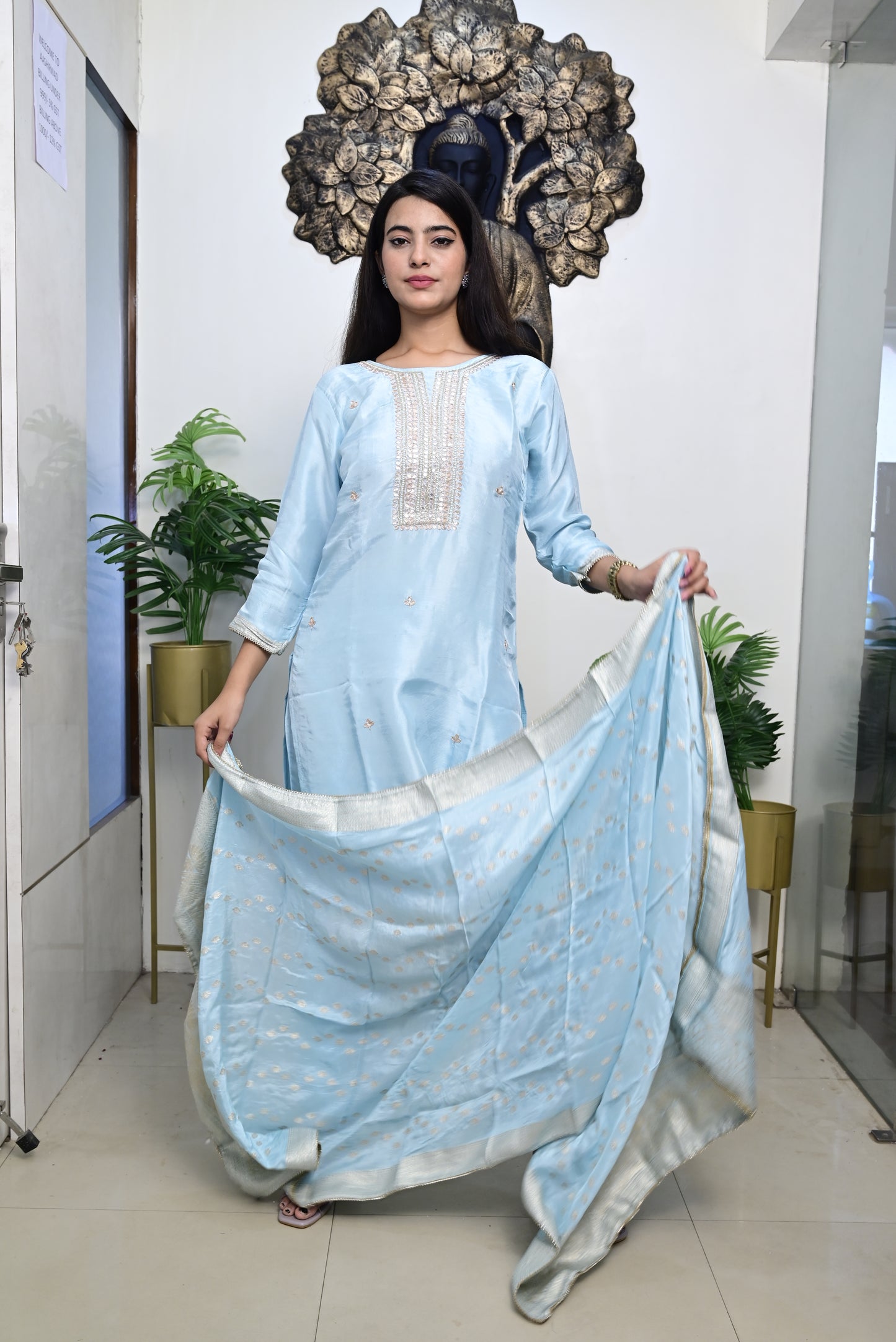 sky blue Kurti With pant and Dupatta