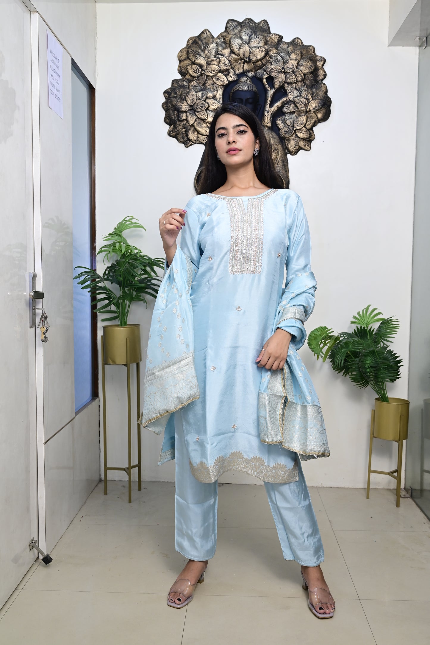 sky blue kurti pant dupatta set