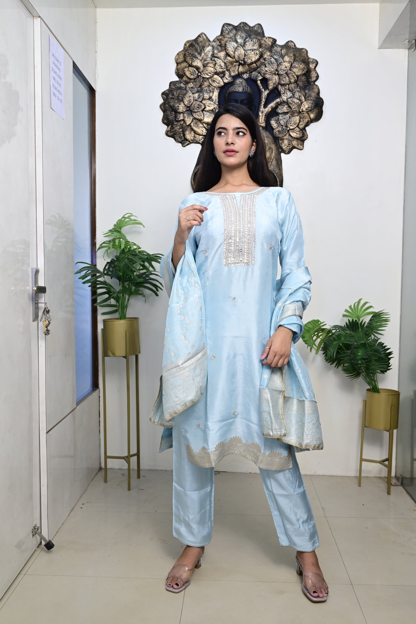 sky blue kurti pant dupatta set