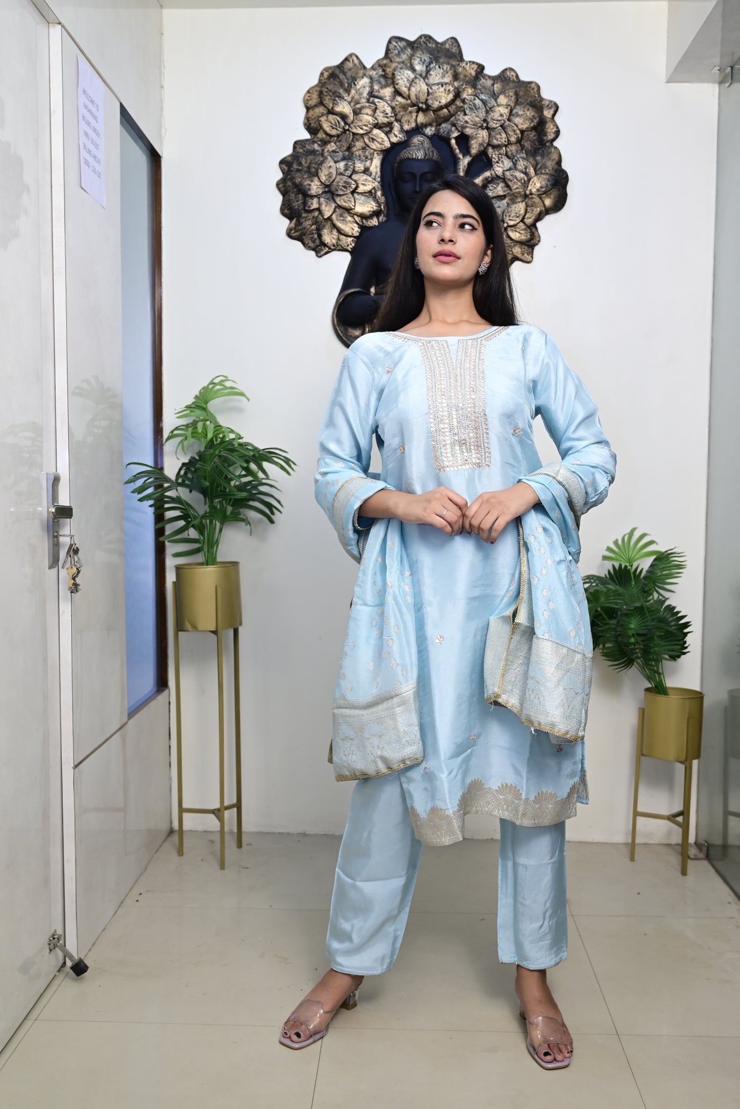 sky blue kurti pant dupatta set