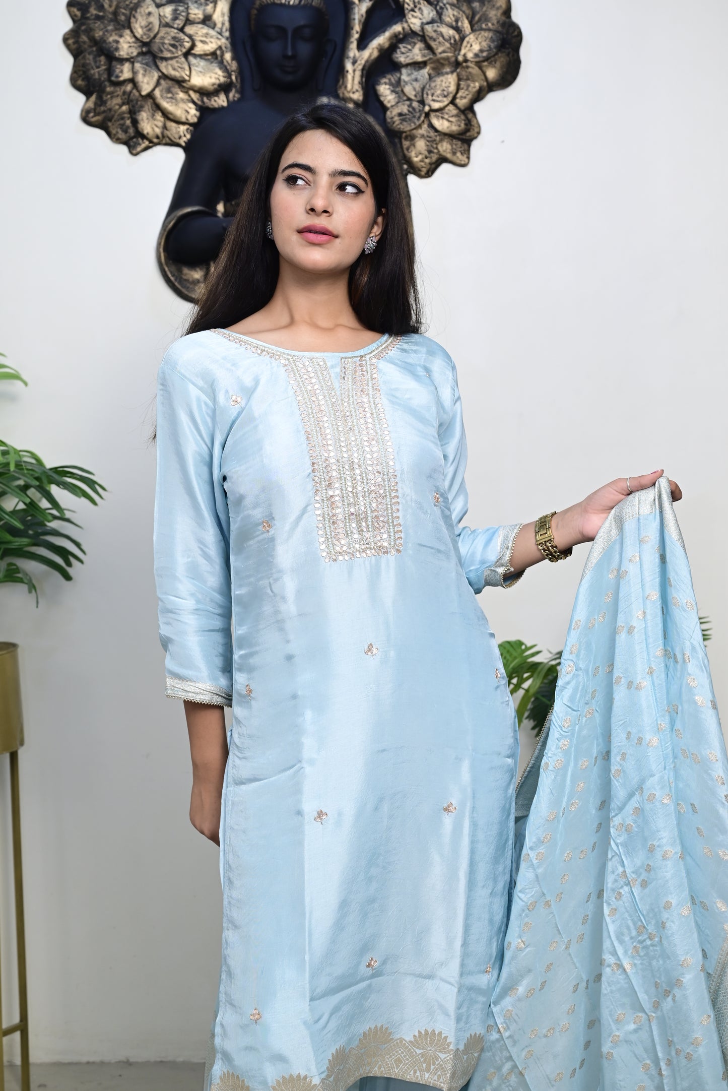 sky blue kurti pant dupatta set